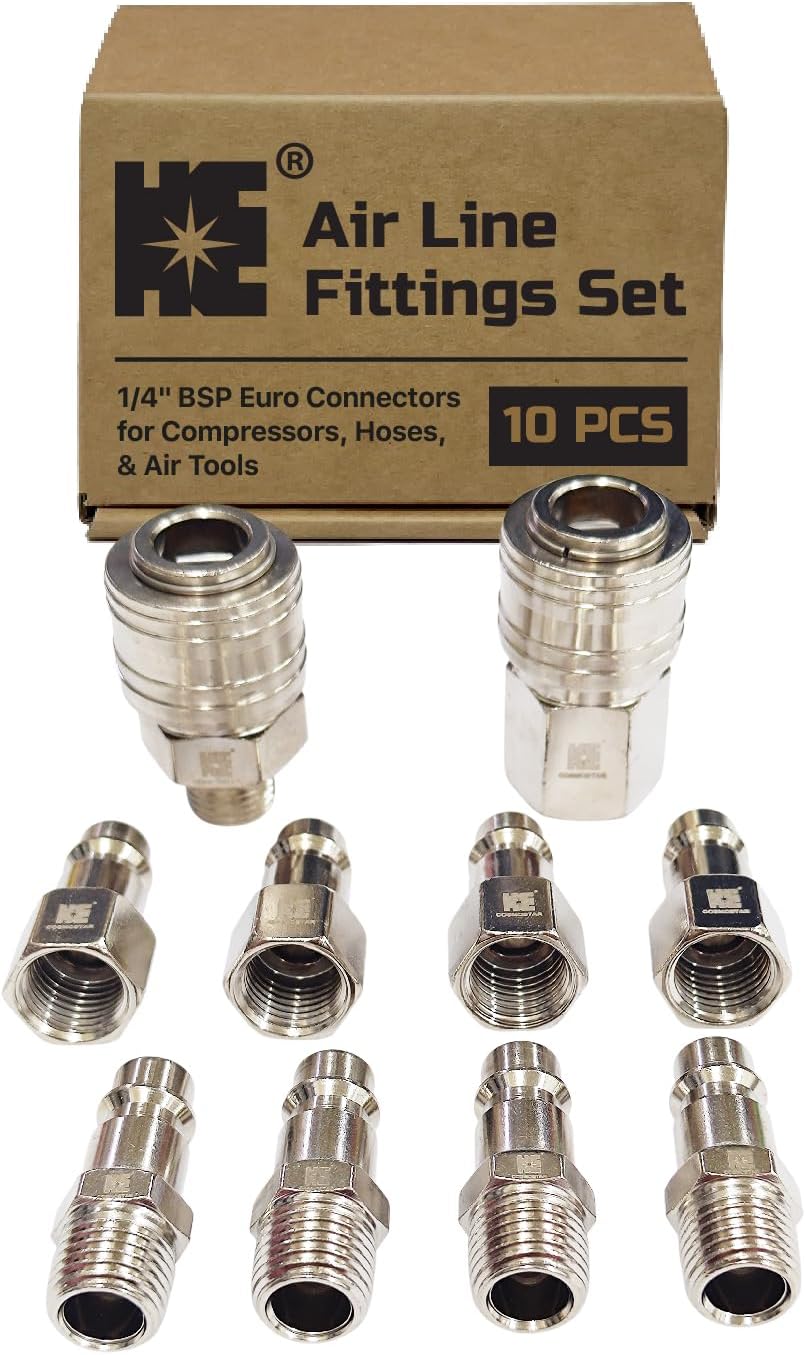 Cosmostar 10-Piece Industrial Air Line Fittings Set – 1/4″ BSP Euro Connectors for Compressors, Hoses, and Air Tools – Nickel-Plated Steel Couplers and Plugs Cosmostar 10-Piece Industrial Air Line Fittings Set – 1/4″ BSP Euro Connectors for Compressors, Hoses, and Air Tools – Nickel-Plated Steel Couplers and Plugs