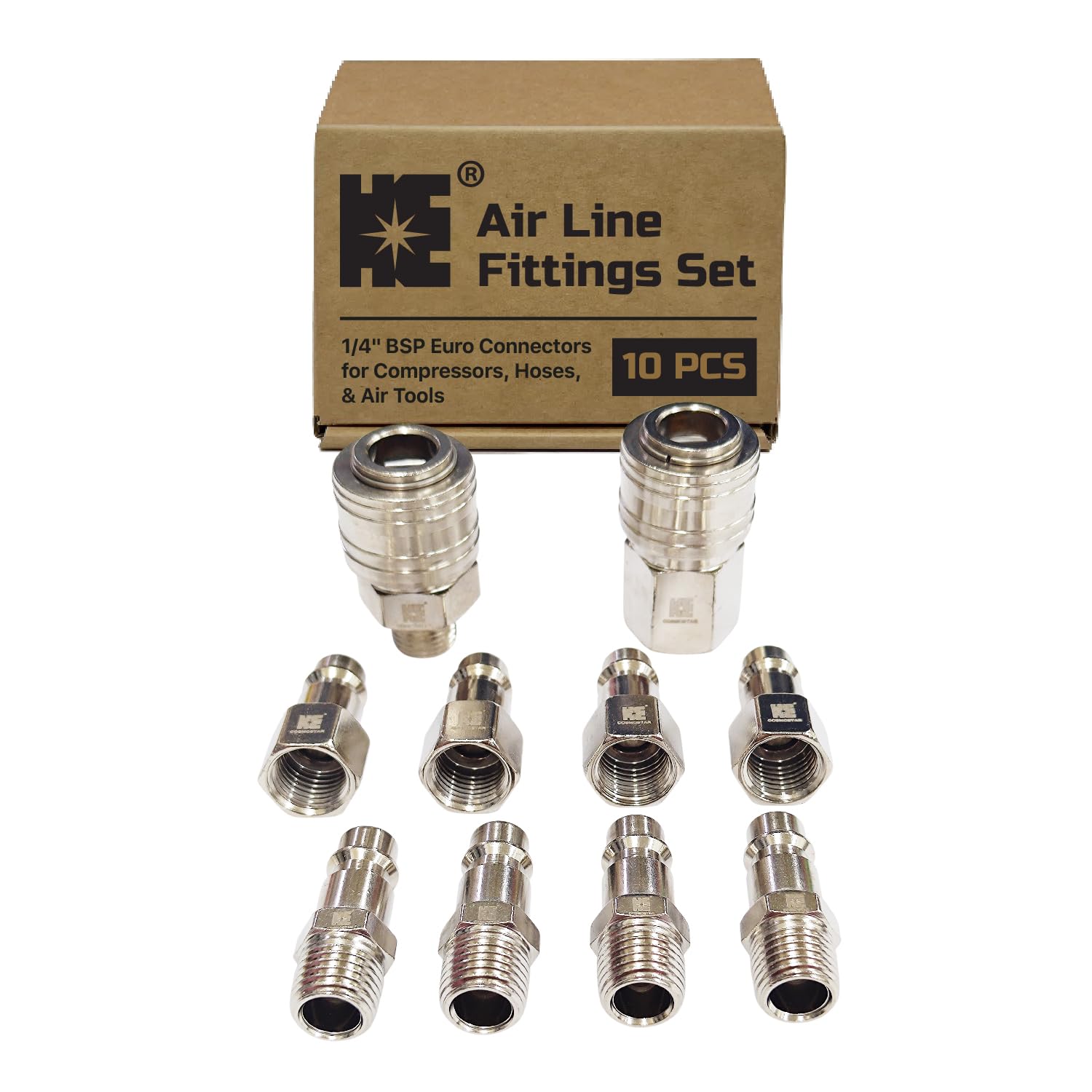 Cosmostar 10-Piece Industrial Air Line Fittings Set, 1/4" BSP Euro Connectors for Compressors Hoses, and Air Tools