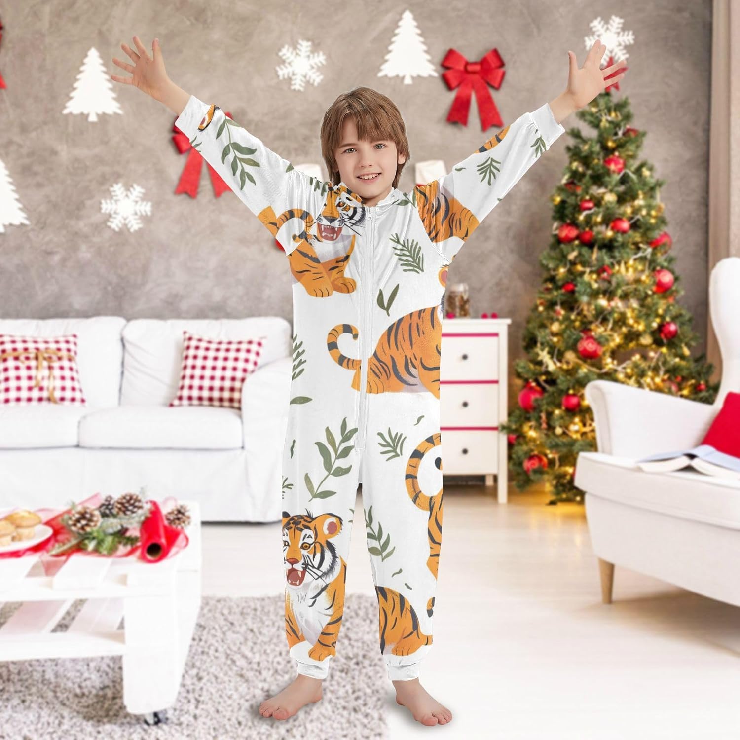 White Background with Lots Of Cartoon TigersPajamasSoft Warm Hooded Home Casual Pjsfor Parties Sleepovers