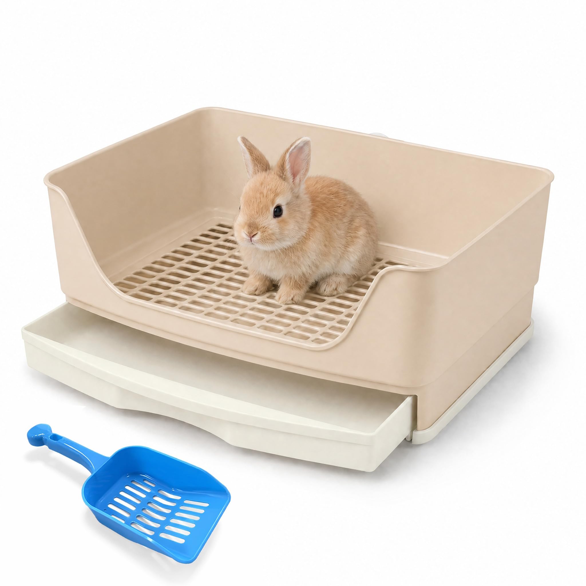 Exquilnova 40 X 30 X 16CM Rabbit Litter Tray,Rabbit Litter Box with Drawer Design,Guinea Pig Litter Tray with Litter Scoop,Rat Litter for Rabbits,Chinchillas,Guinea Pigs,Hamsters(Beige)