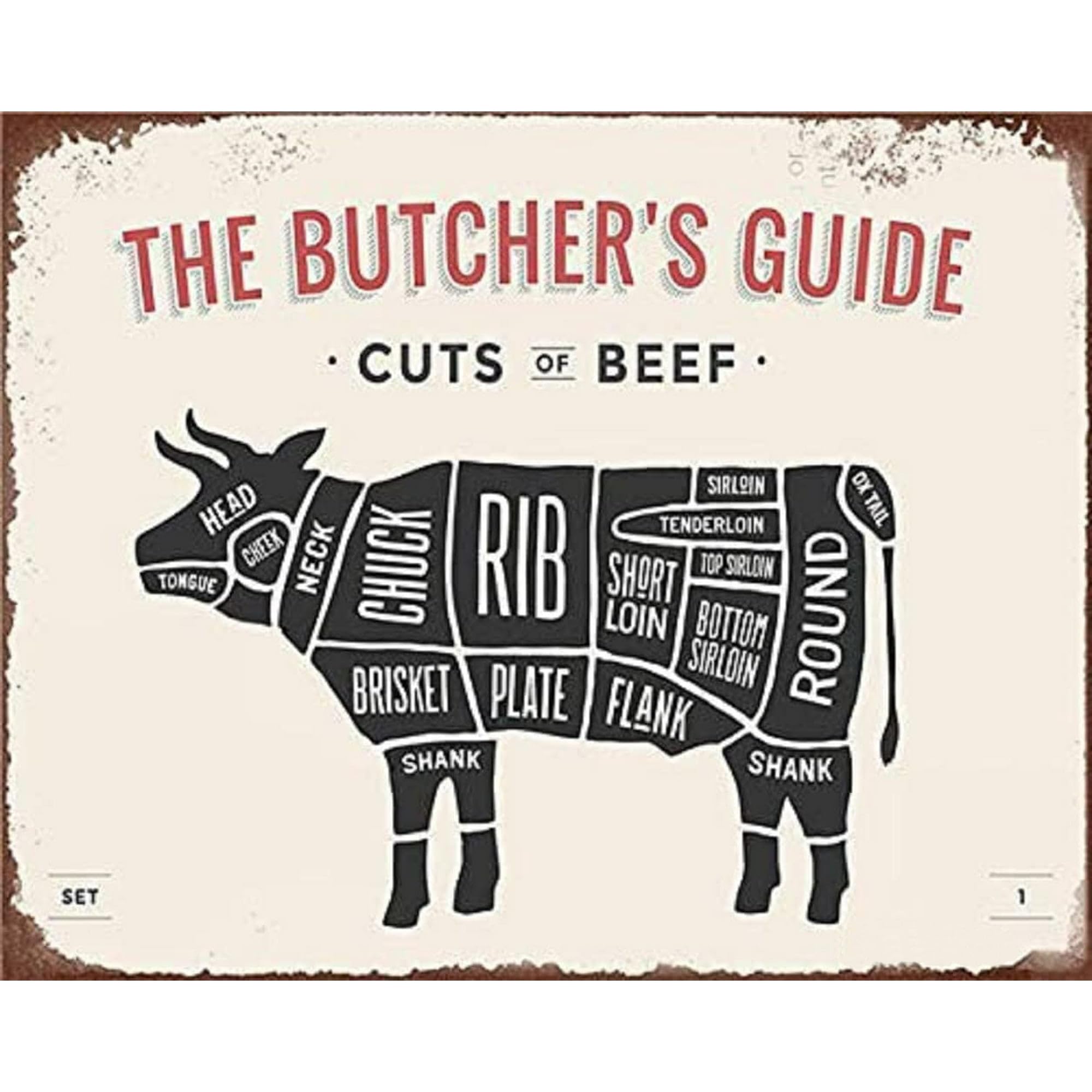peiyeety Metal tin Sign Butcher's Guide Curts of Beef Metal Tin Sign Retro Vintage Look Home Club Bar Poster Wall Art 8"x12"
