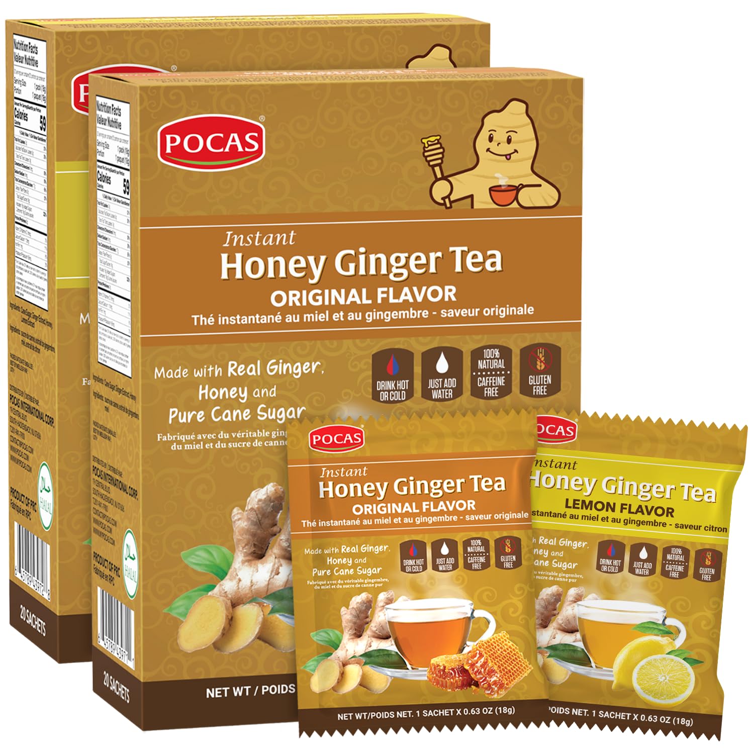 Honey Ginger Instant Tea Powder, Lemon Flavor 2-Pack, Ginger Extract & Real Honey, Caffeine-Free Tea, 20 Packets per Box