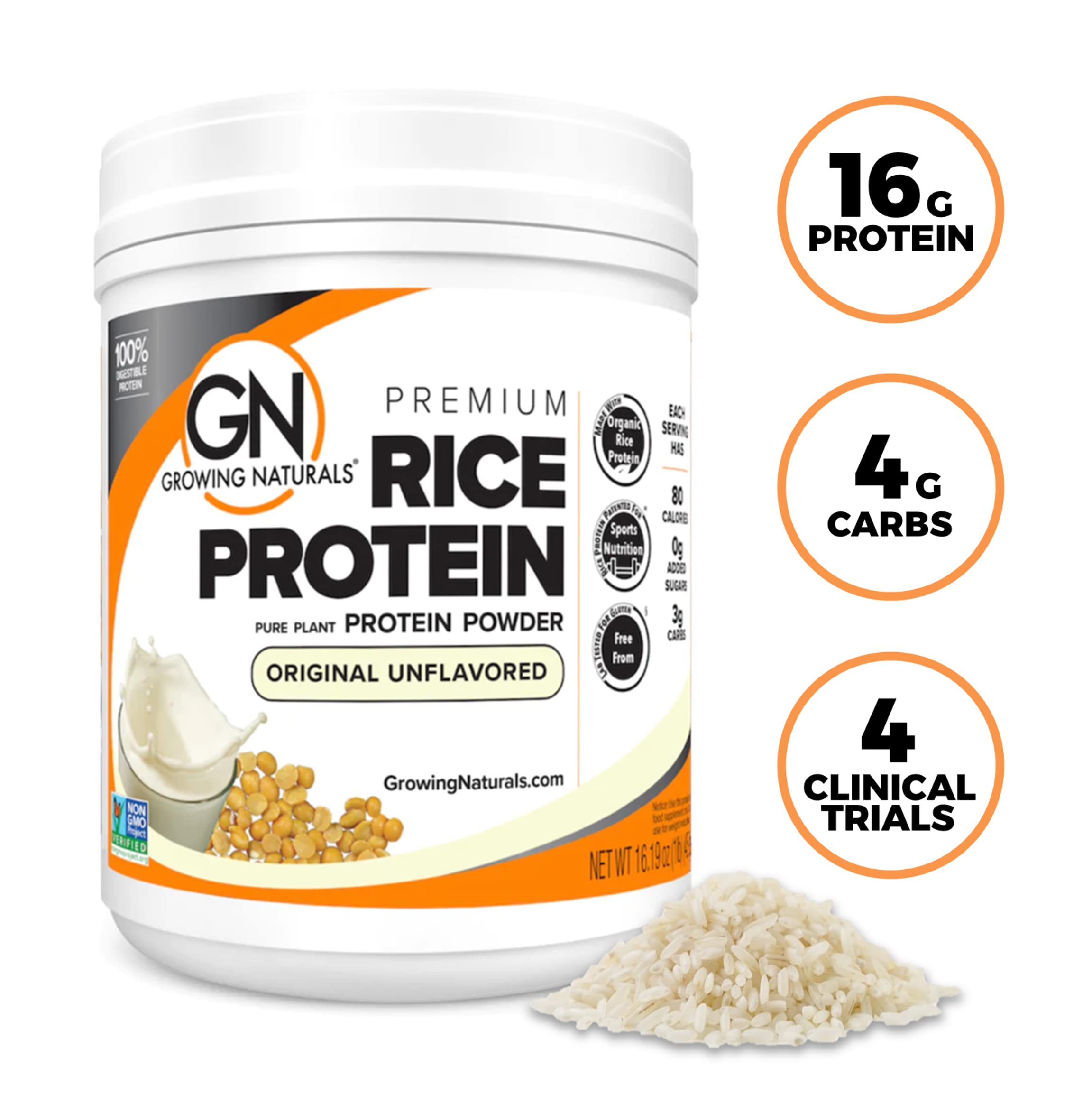 Growing Naturals Organic Rice Protein Powder - 15g Plant Protein, 2.8G BCAA - Low-Carb, Low-Sugar, Non-GMO - Original Unflavored, 16.2 Ounce (Pack of 1) — Amazon image 2
