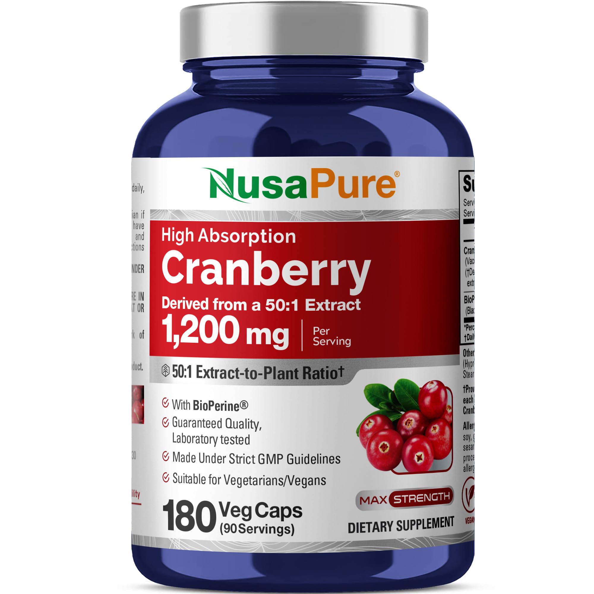 Cranberry 1200mg, Non-GMO, Vegan, 180 Veg Capsules - 90 Servings