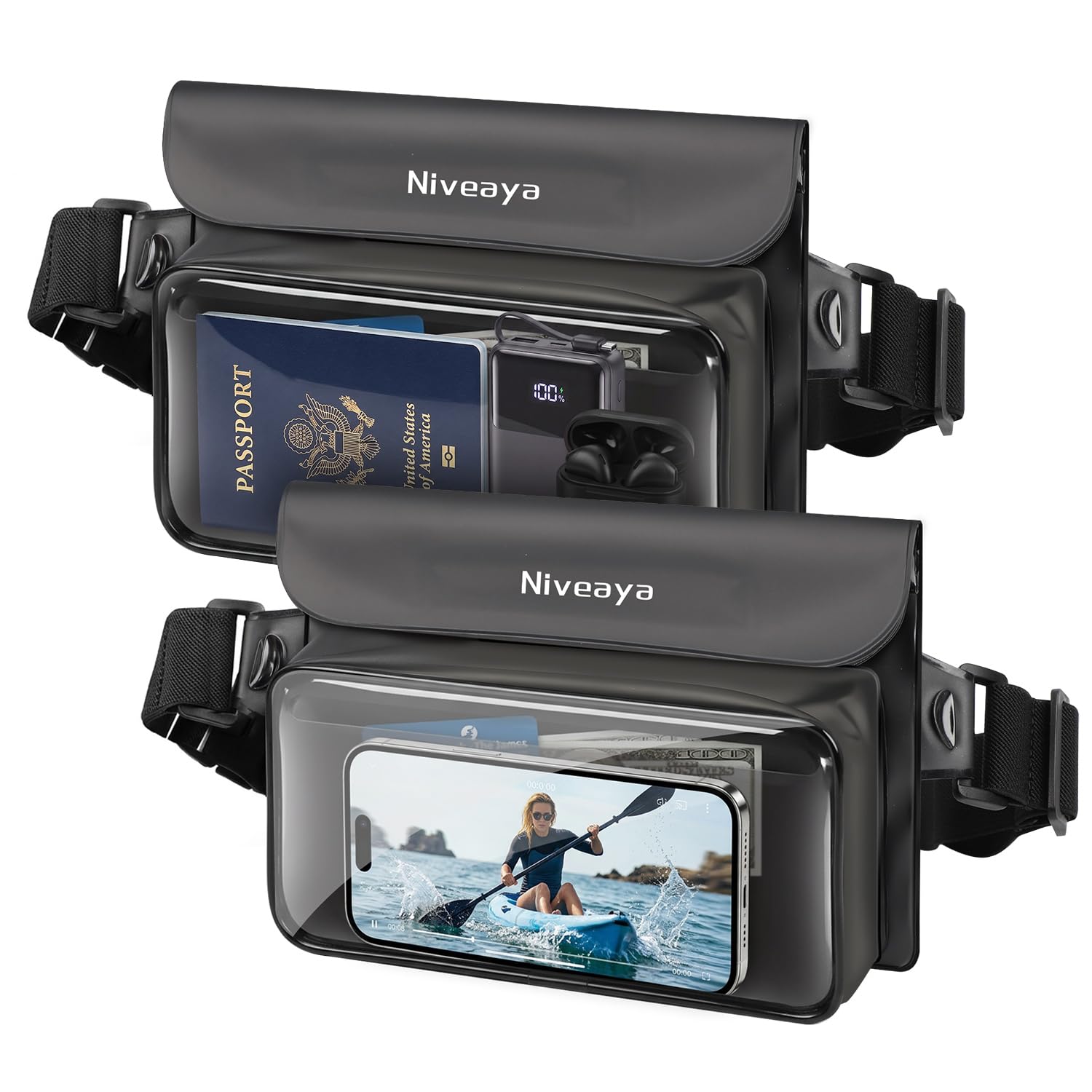 Niveaya IPX8 Floating Waterproof Fanny Pack Holds Phone, Passport & Cash | Large Capacity Touch Screen Adjustable Waist Strap for Kayaking, Paddle