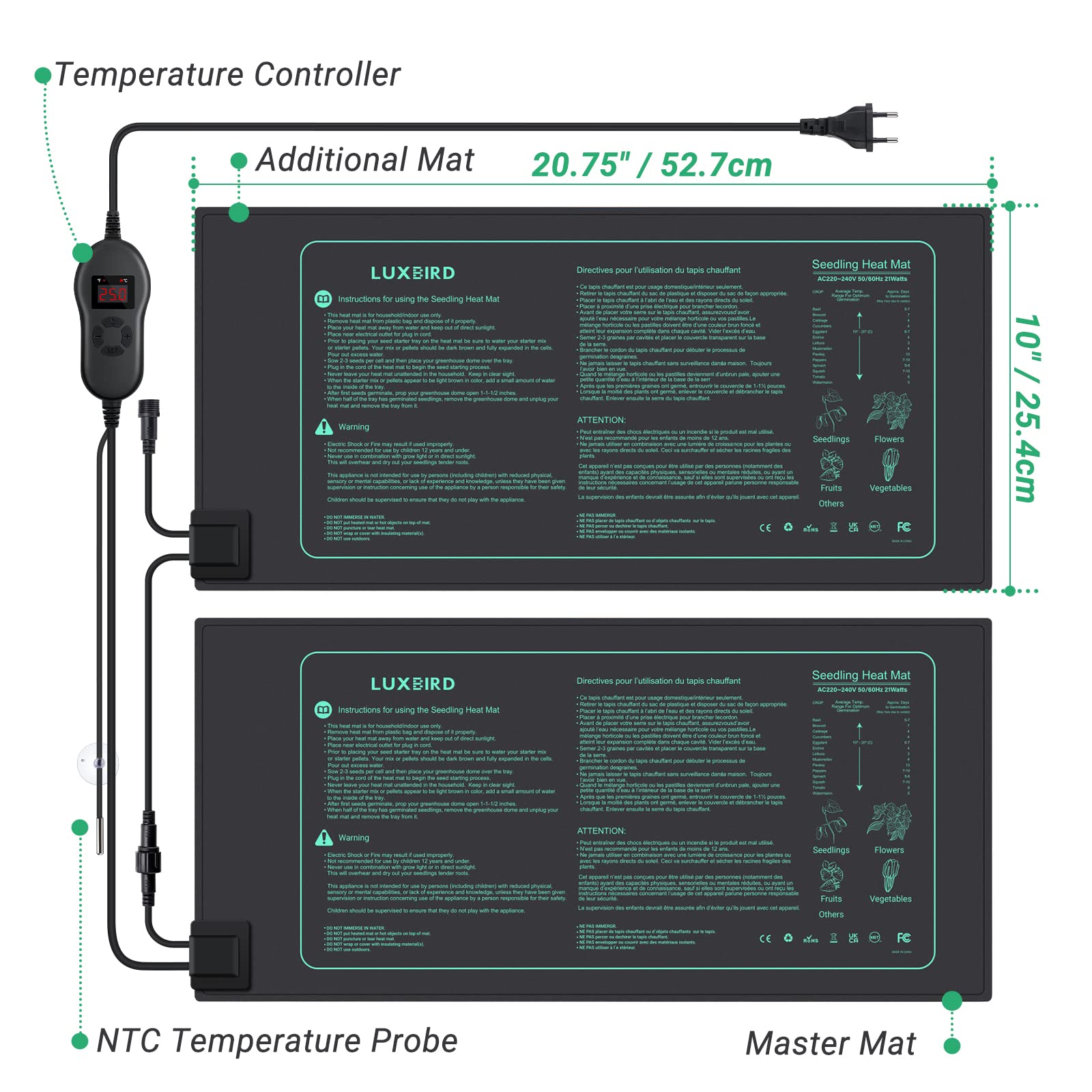 Luxbird 4 alfombrillas calefactoras con 1 controlador, función de temporización, 30 W, control de uno a muchos, IP67 impermeable, plantas térmicas, 52,7 x 25,4 cm