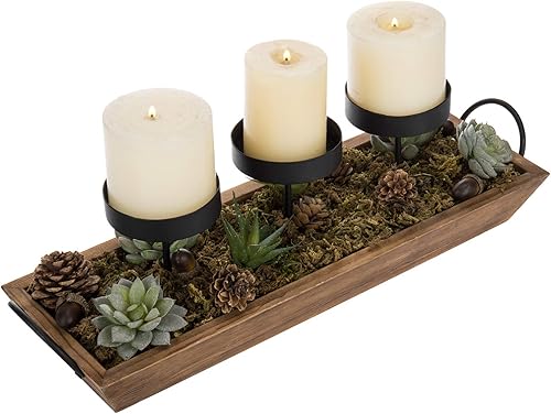 Miniatura 3 de MyGift Portavelas de metal negro de 3 pilares con bandeja de madera rústica y asas, centro de mesa y mantel