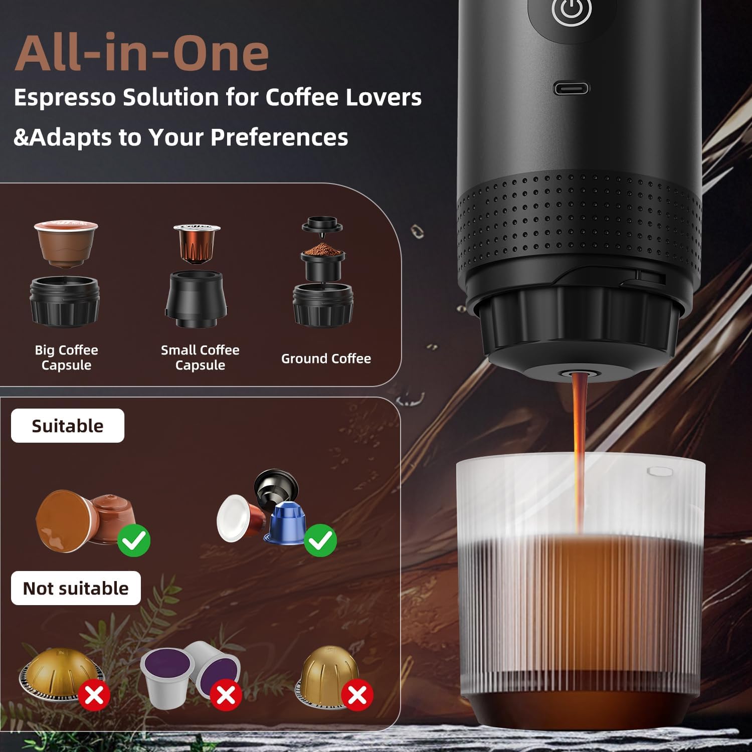 Portable Coffee Maker for Travel & Camping, Portable Espresso Maker for Travel, Rechargeable Cordless Battery Operated Coffee Makers for Ground Coffee, NS Capsule RV, Hiking, Office(Black)