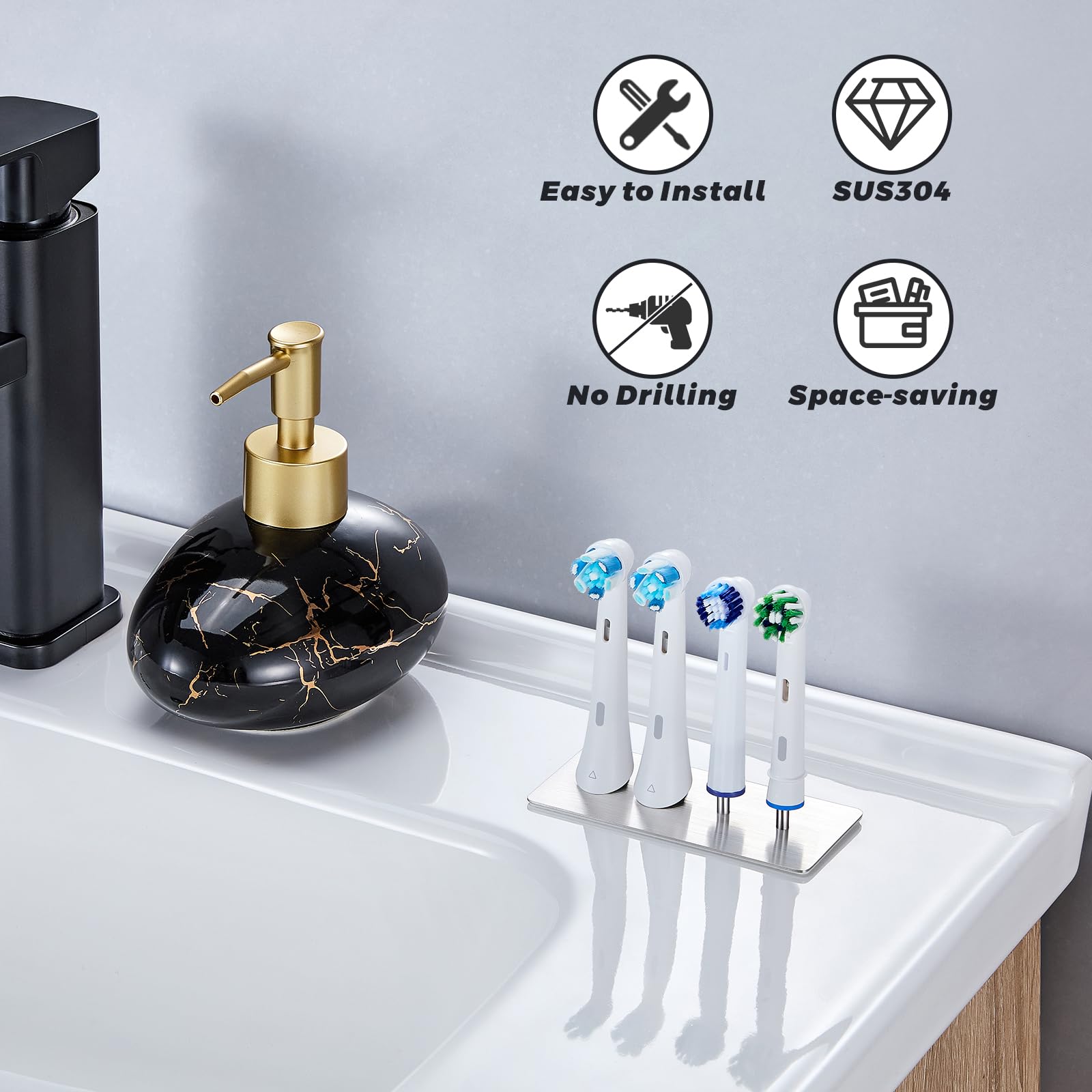 porta testine spazzolino elettrico 4 slot, organizer mini testine spazzolini, supporto testine in metallo, porta testine da banco e da appoggio, porta testine autoadesivo da bagno(argento)