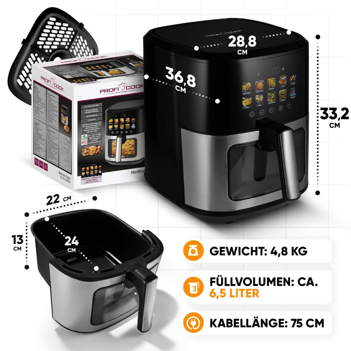 ProfiCook® Heißluftfritteuse 6,5L | Zubereitung ohne Öl oder Fett | Airfryer mit Color-Display | Heissluftfritteuse 9 Programme | 50-200°C | Air Fryer 1700W | Heißluftfritteuse XXL | PC FR 1286 H