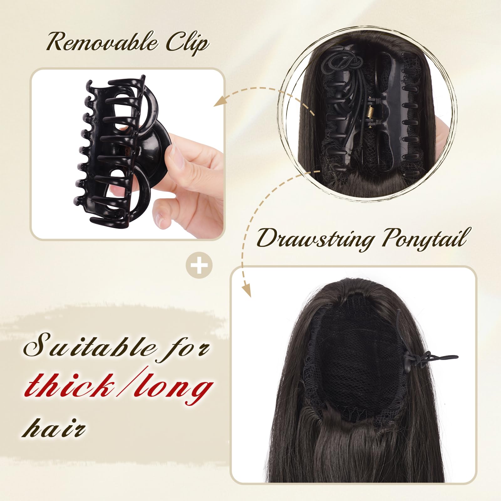 FESHFEN Coletas Postizas con Pinza - Coleta Postiza Pelo Natural Lisa Larga Ponytail Clip de Extensiones de Cabello Negro Marrón Sintético Cola Postizos para Mujeres, 63 cm