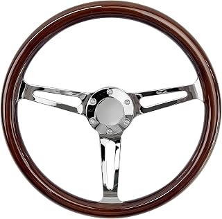 Hiracing 14inch Universal Classic Wood Grain Steering Wheel Brushed 3 Spoke 1.5inch Depth Steering Wheel (wood-030)