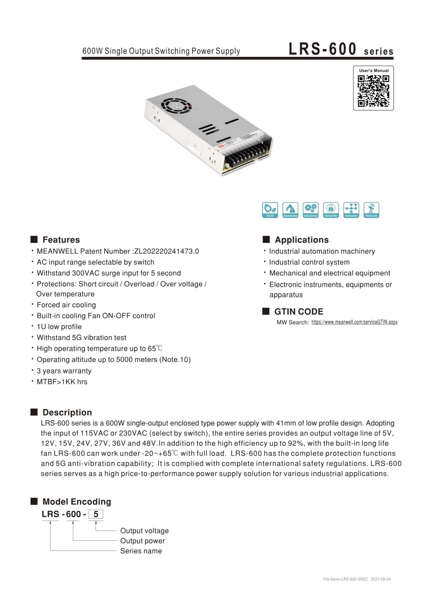 EDEDE Trasformatore LED Alimentatore Switching LRS-600 LRS-600-5 LRS-600-12 LRS-600-15 LRS-600-24 LRS-600-36 LRS-600-48 12V24V(LRS-600-24V 25A)