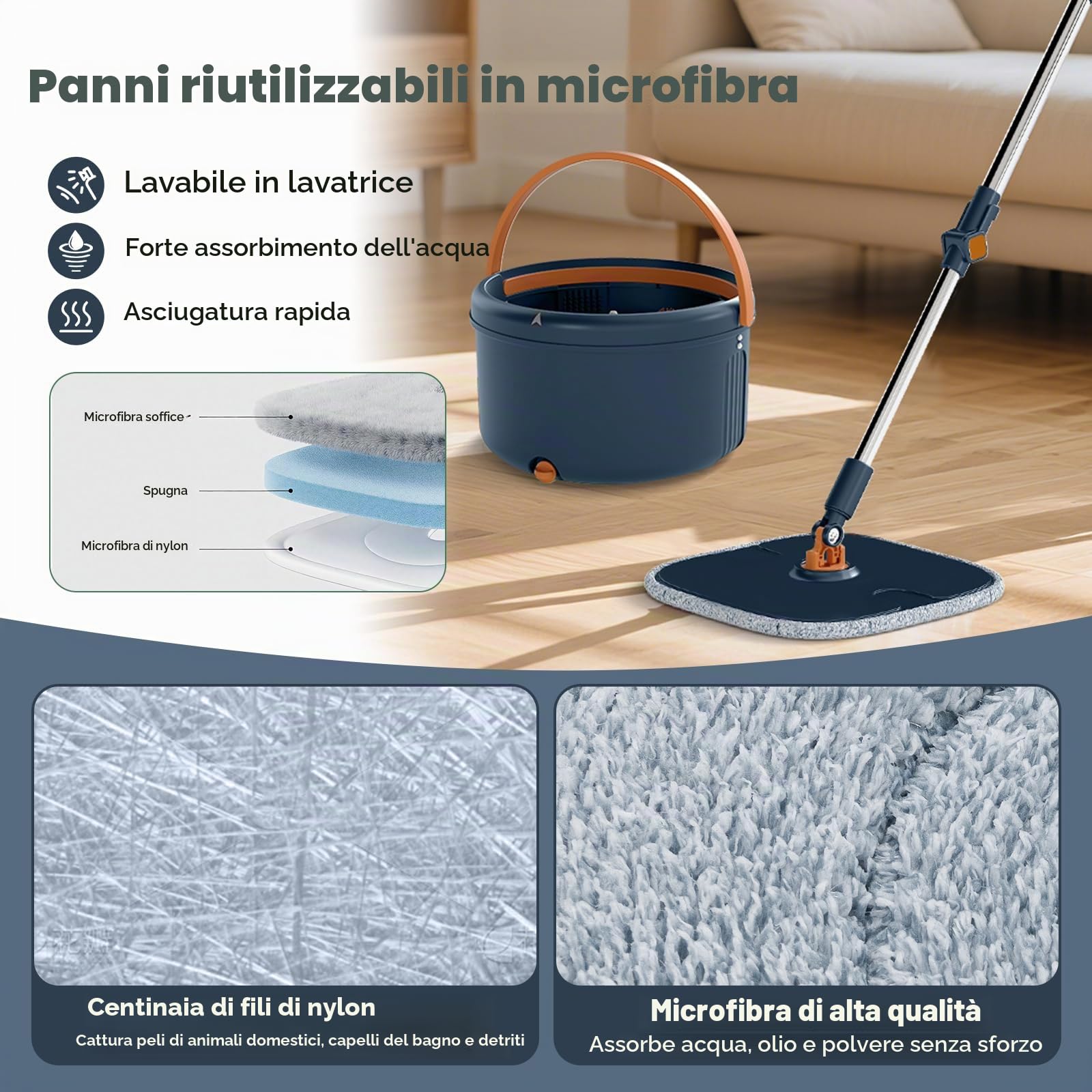FANATSK - Mocio con sistema a secchio, 4L, con testa girevole a 360°, sistema di separazione, con 8 panni in microfibra, sistema di pulizia per pavimenti bagnati e asciutti, colore: Blu