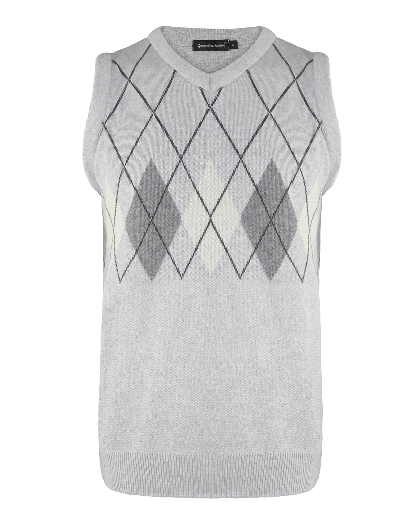Generation Fashion Men's Silver New Classic V-Neck Knitted Sleeveless Vest Jumper Top Sweater With Ribbed Edge Argyle Knit S-3Xl[,