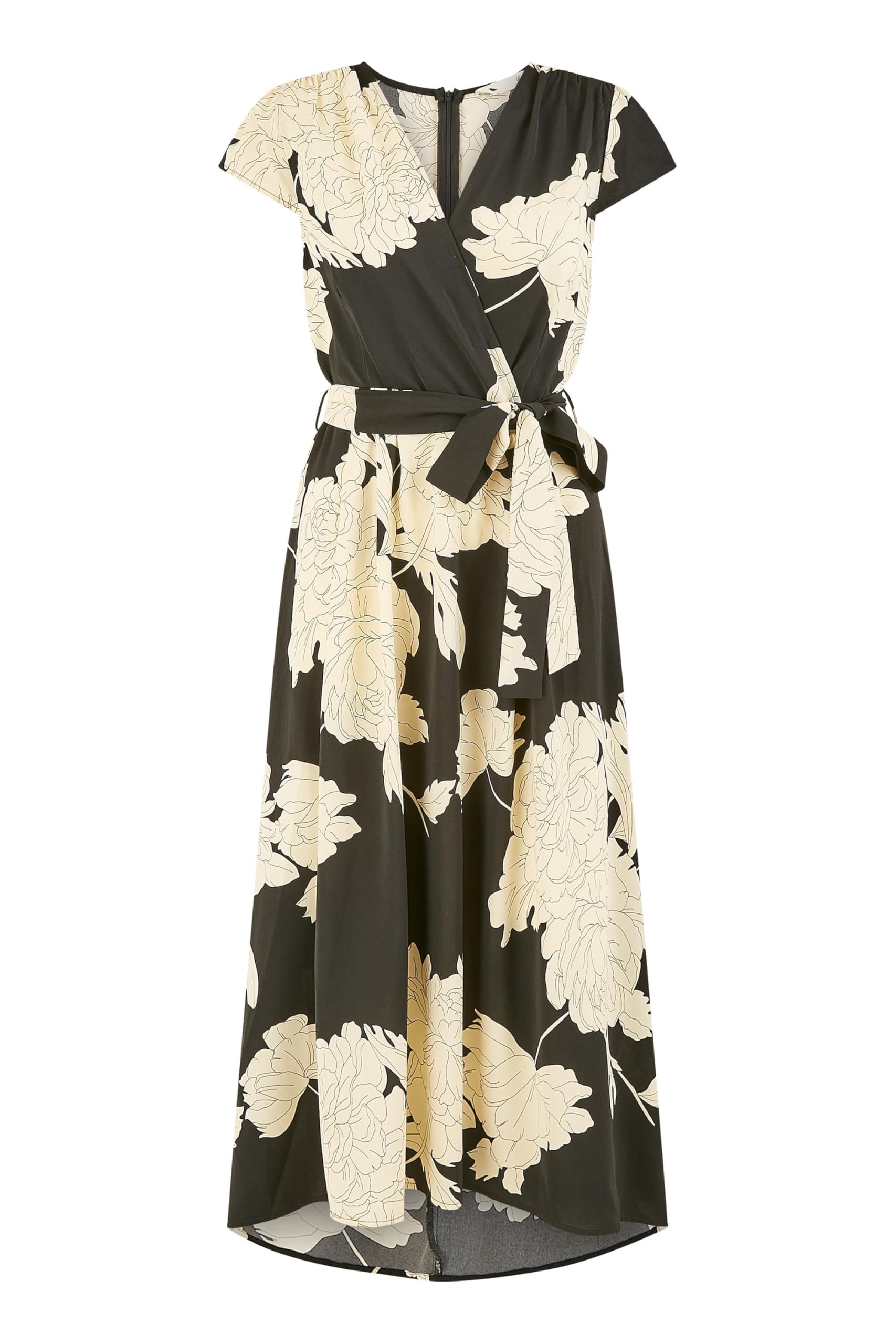 Yumi Black Blossom Print Wrap Midi with Dipped Hem (UK, Numeric, 16, Regular, Regular, Black)