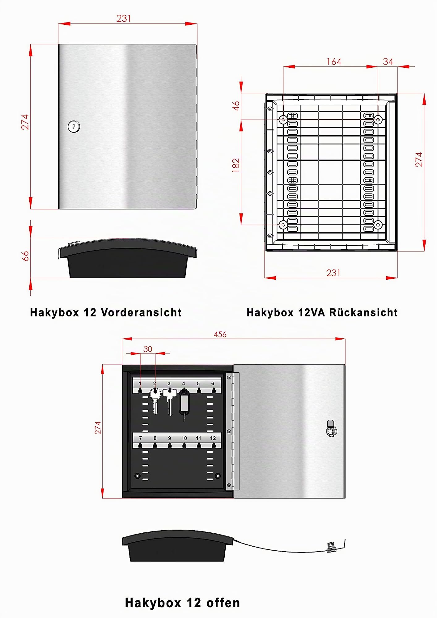 Schlüsselschrank Haky Box inkl. schwarzer Schlüsselanhänger (12 Haken)