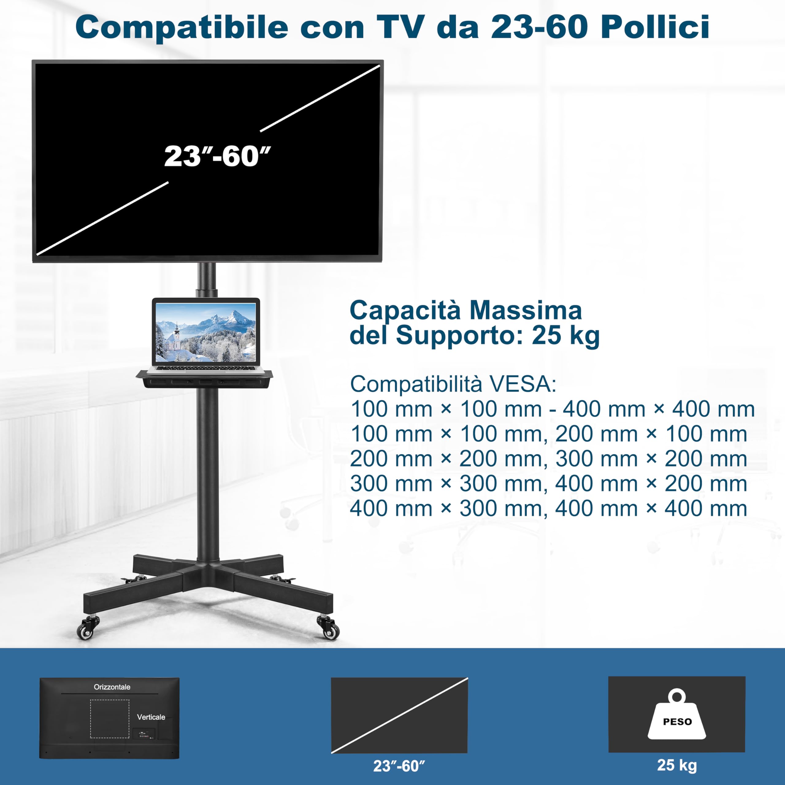 Supporto TV da Pavimento Staffa TV con Ruote per Schermi Plasma LCD LED da 23-60 Pollici Fino a 25 kg Vesa 400 X 400 mm Altezza e Angolo Regolabili
