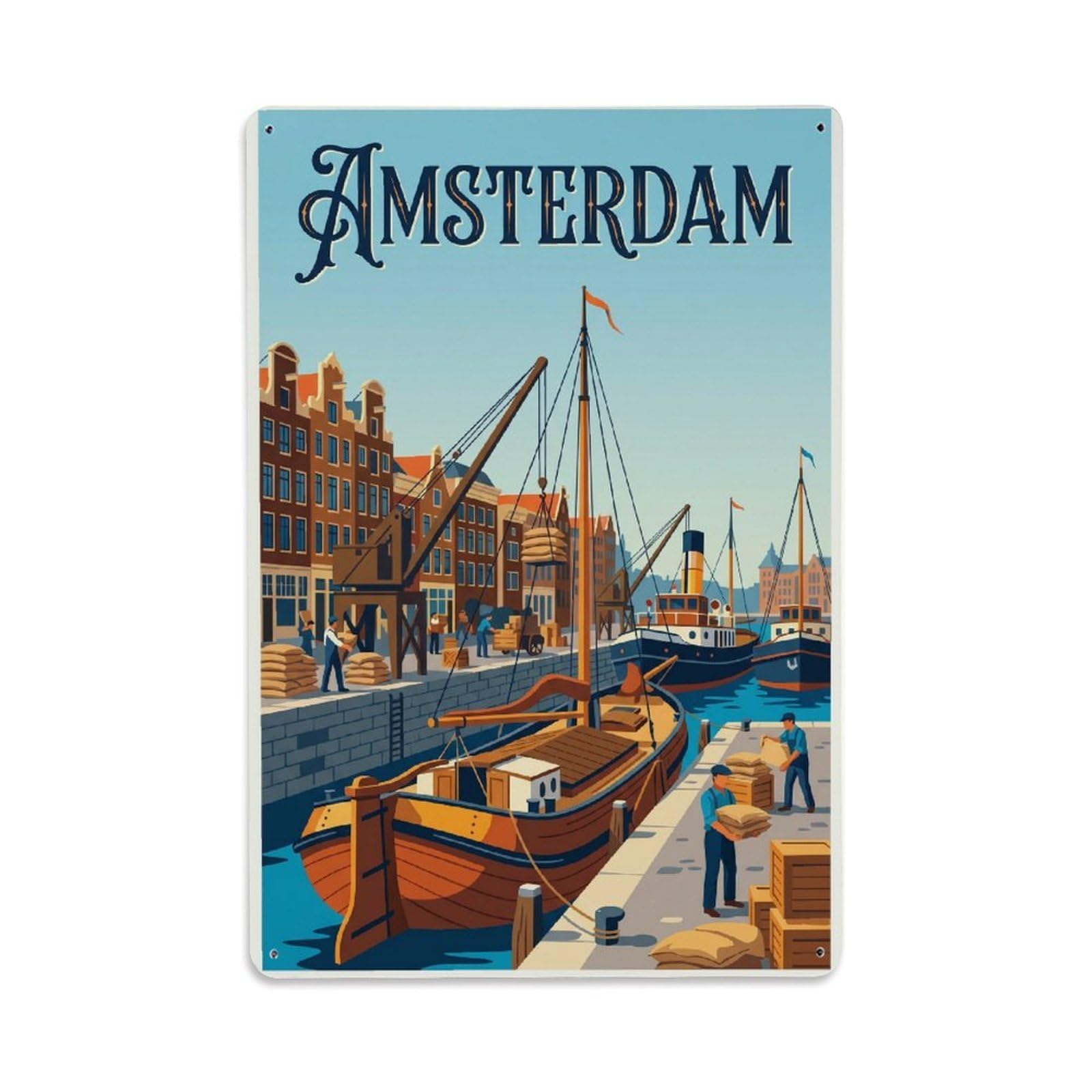 Vintage Travel Wharf Netherlands Dockside Metal Tin Sign
