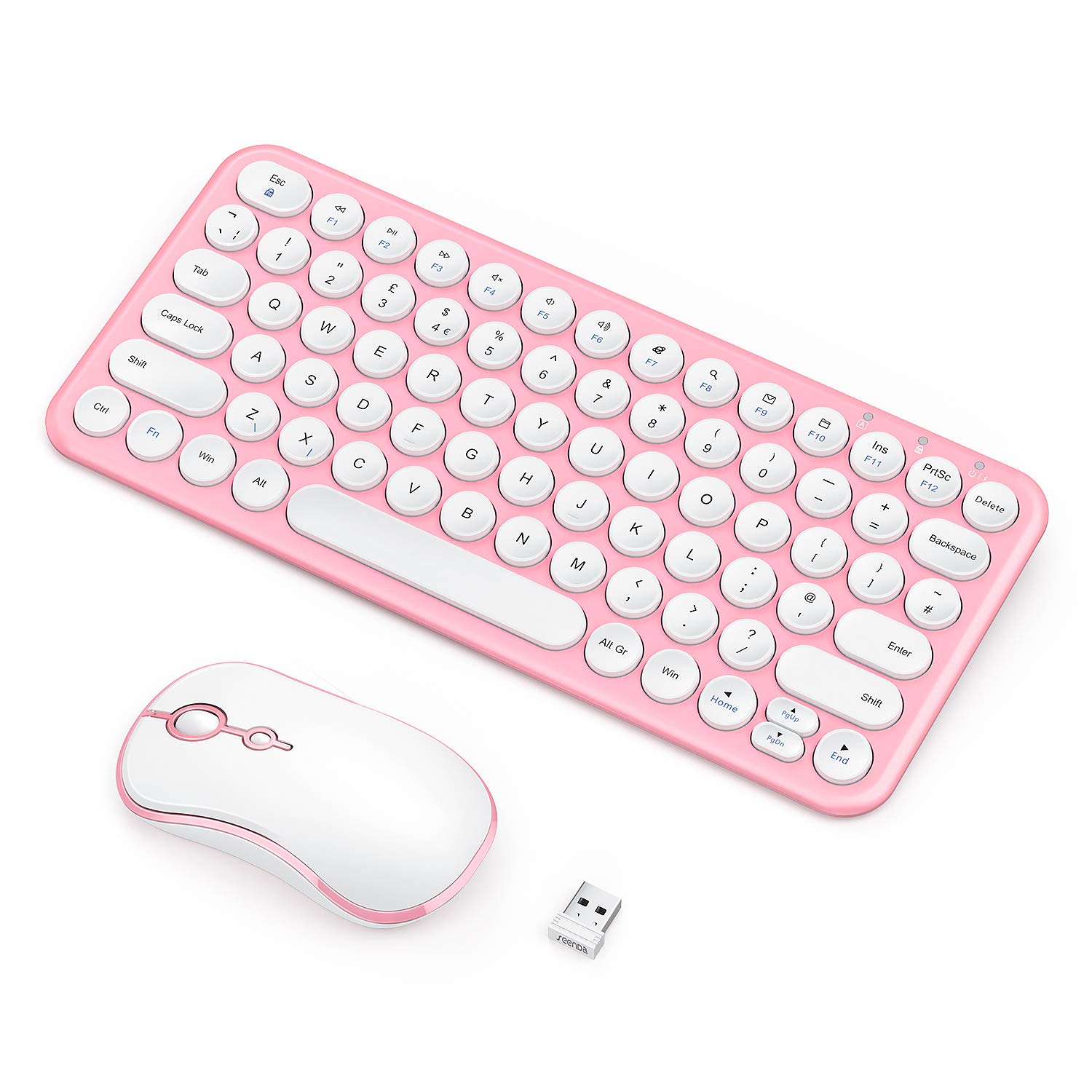 Wireless Keyboard Mouse UK Layout - Rechargeable Keyboard and Mouse Small Low Profile Compact Keyboard and Mouse Set for Windows Devices - Pink & White