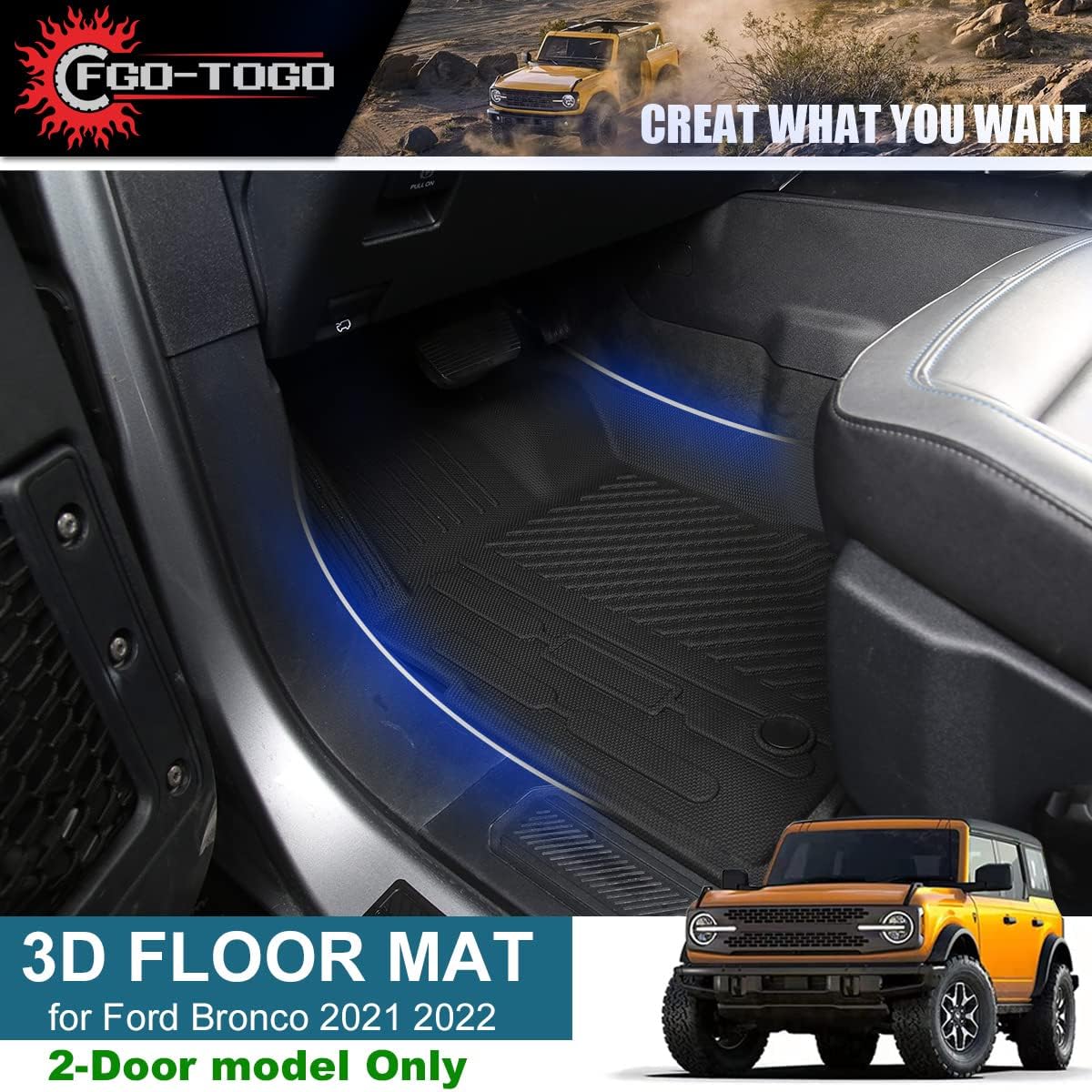 for Ford Bronco 2 Door Floor Mats,All Weather Front & 2nd Row Floor Liners Floor Protector Car Mat TPE Floor Tray Liners for Ford Bronco Accessories 2021 2022 2 Door