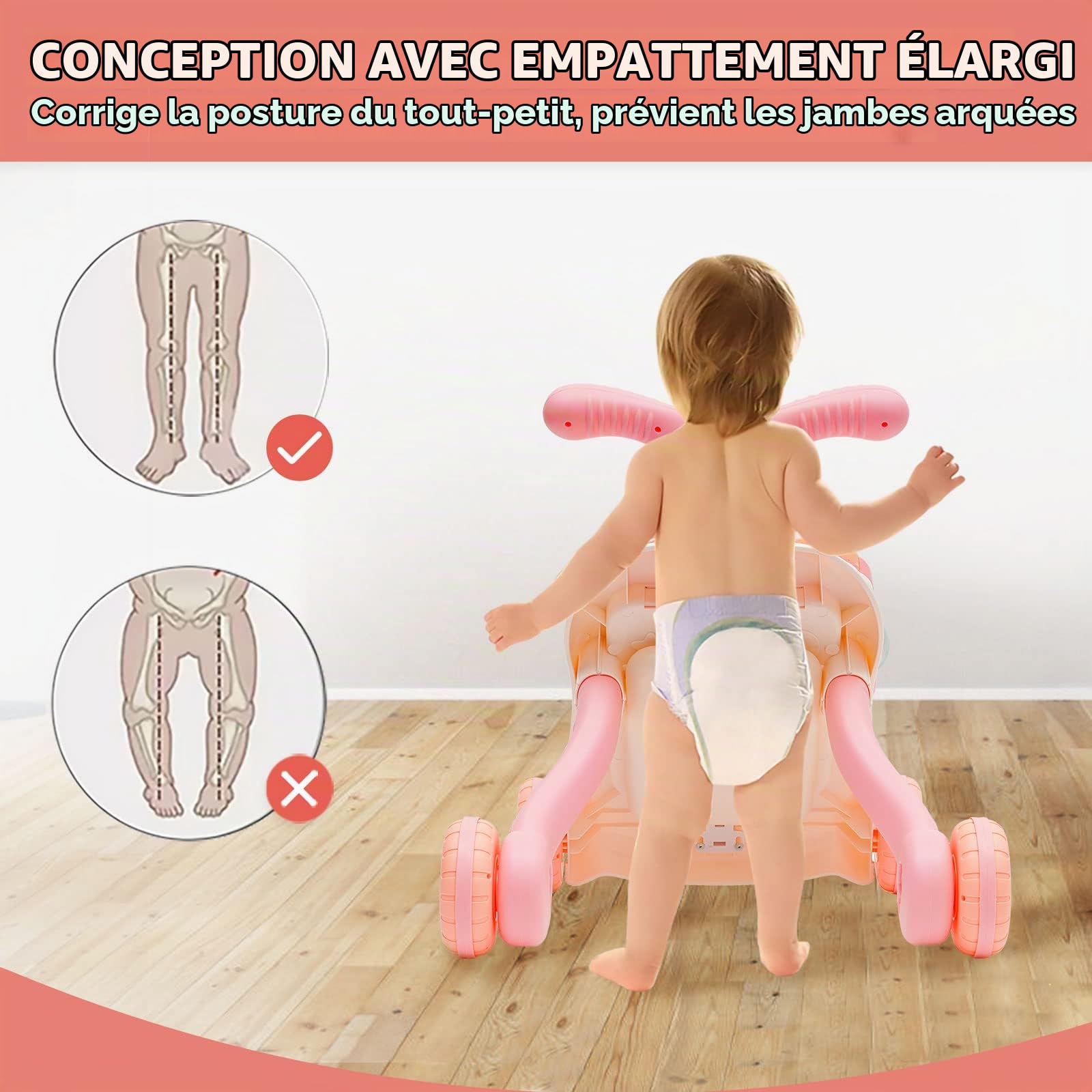 Trotteur Pour Bébé, Trotteur 2 en 1 Assis-debout, Trotteur avec Jouets Montessori et Tableau d'Éveil Détachable, Baby Walker avec Pneus en Caoutchouc, Trotteur pour Bébé à Partir de 6 Mois