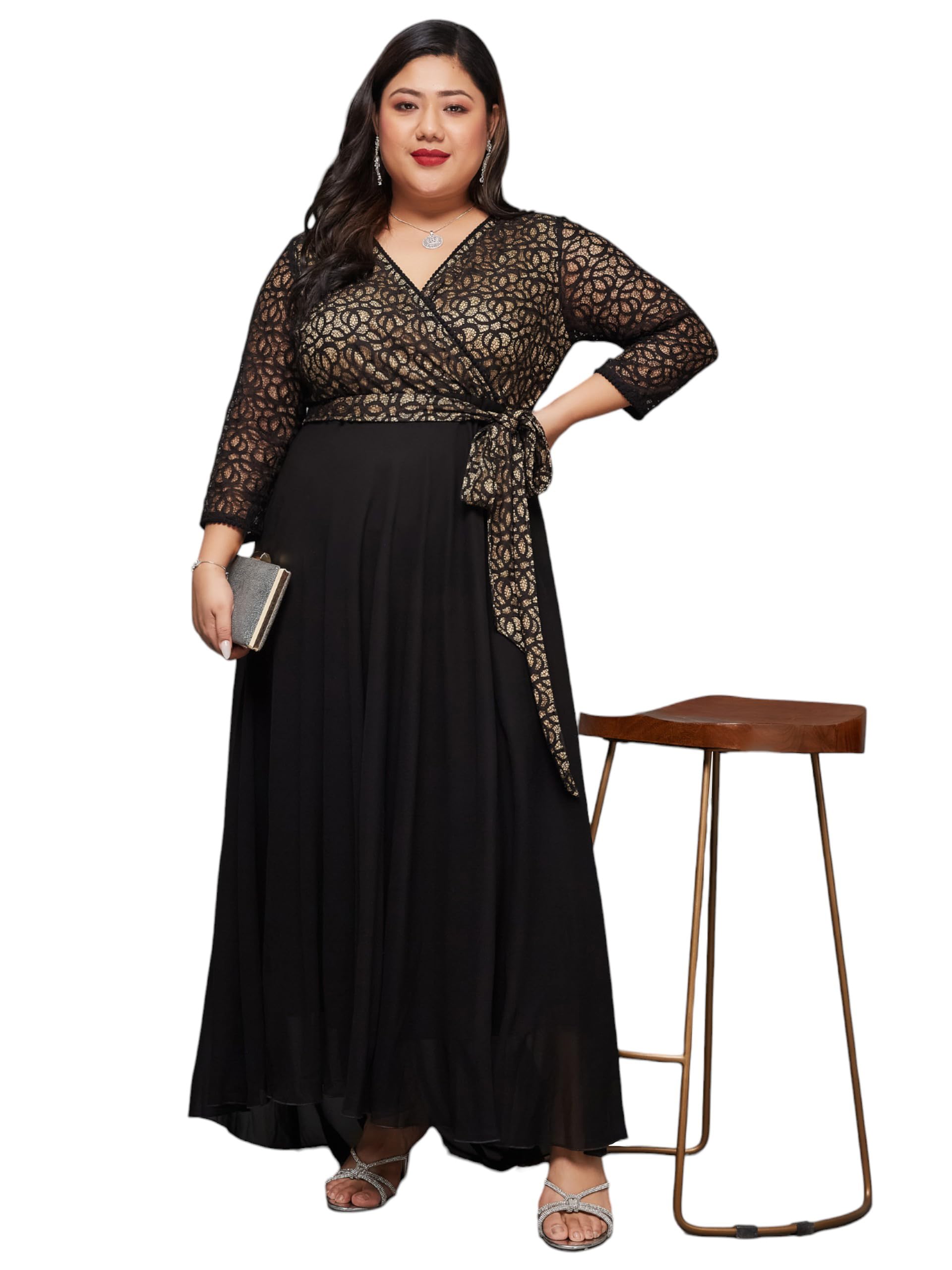 miss chase a+ Women's Relaxed Fit V-Neck 3/4th Sleeve Maxi Dress-picture-9