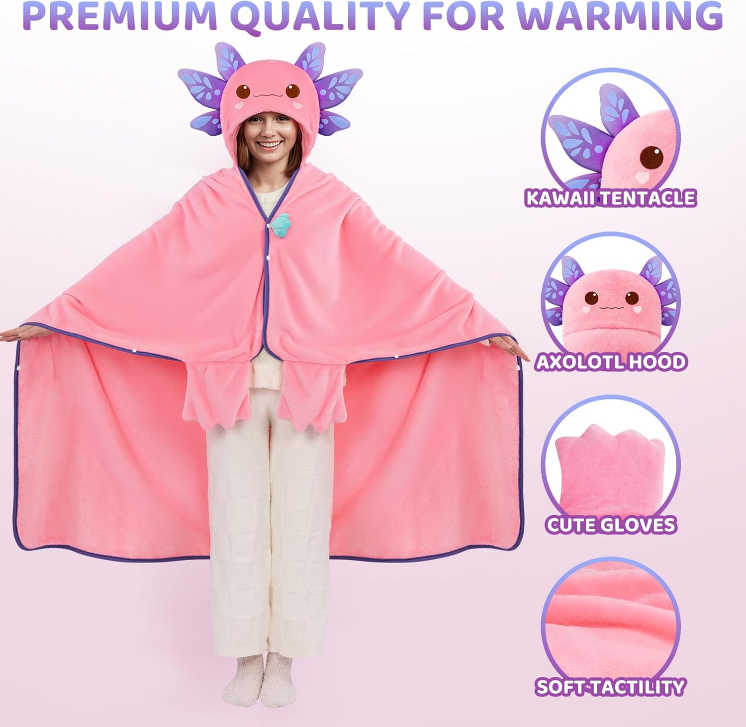 Mewaii Softness Wearable Axolotl Blanket Hoodie – Expertly Designed for American Body,Full Coverage with Easy Movement,Oversized Warm and Cozy Flannel Blanket, Axolotl Gift for Women - Image 4
