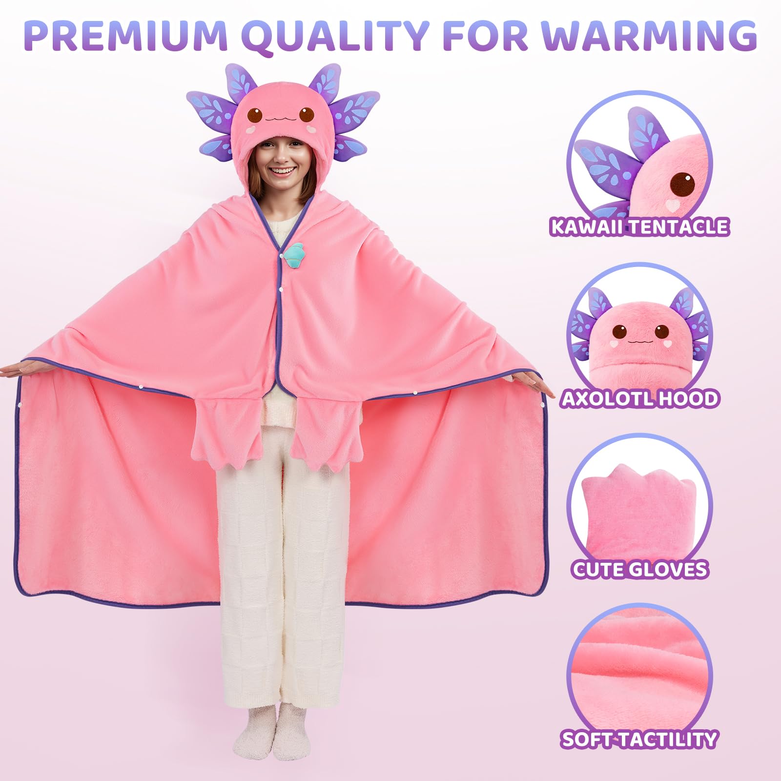 Mewaii Oversized Wearable Blanket Hoodie- Kawaii Axolotl Hooded Cloak,Soft Plush Flannel Blanket Hoodie,Unisex Cozy Blanket for Kids Women Men,Great Gift for Christmas&Birthdays (51.2"x62.2") - Image 4