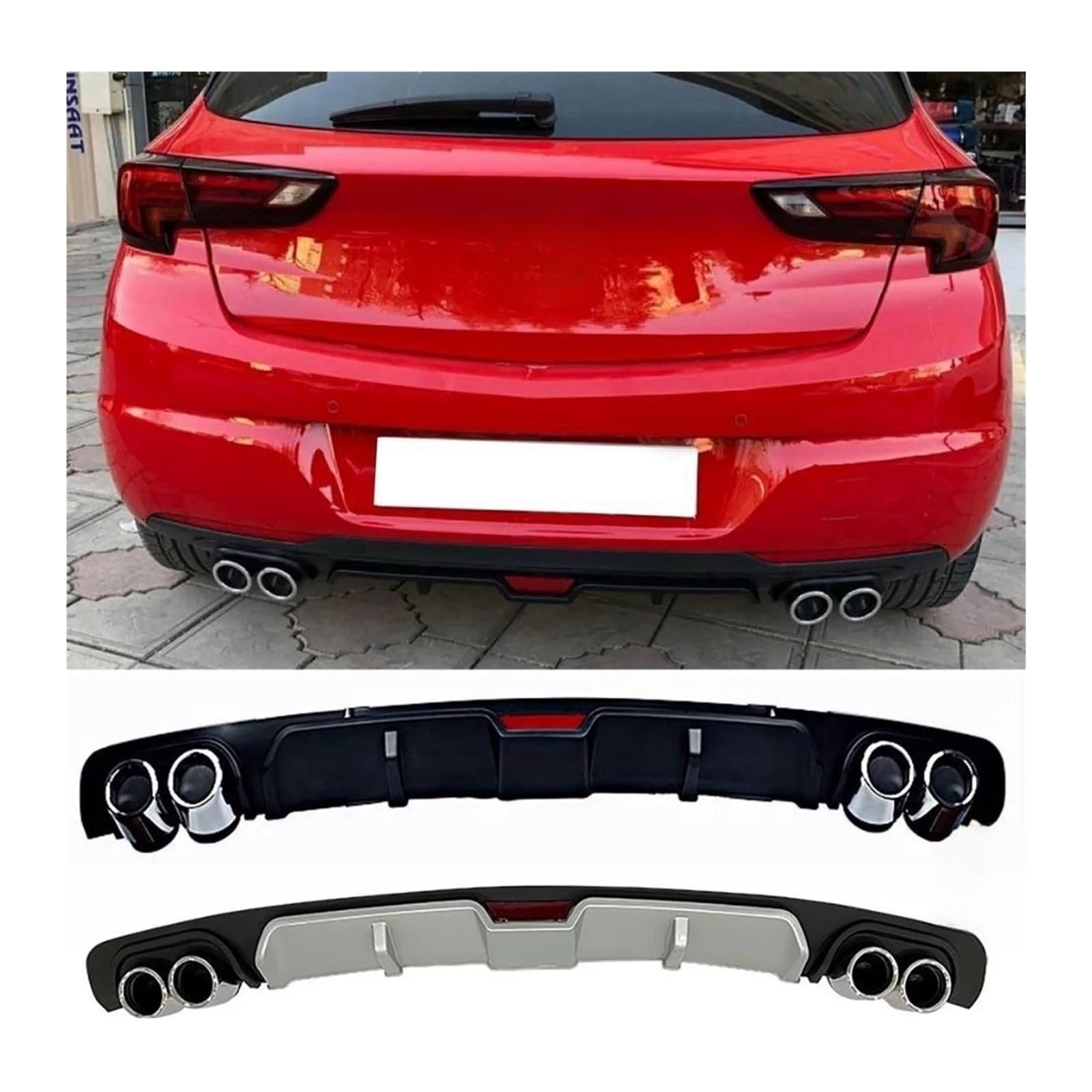 Compatible for Opel Astra K Rear Diffuser Universal Black Or Gray + Four Chrome Exhaust View 2015-2021 Models - Spoiler Wings Lip Flaps(Black)