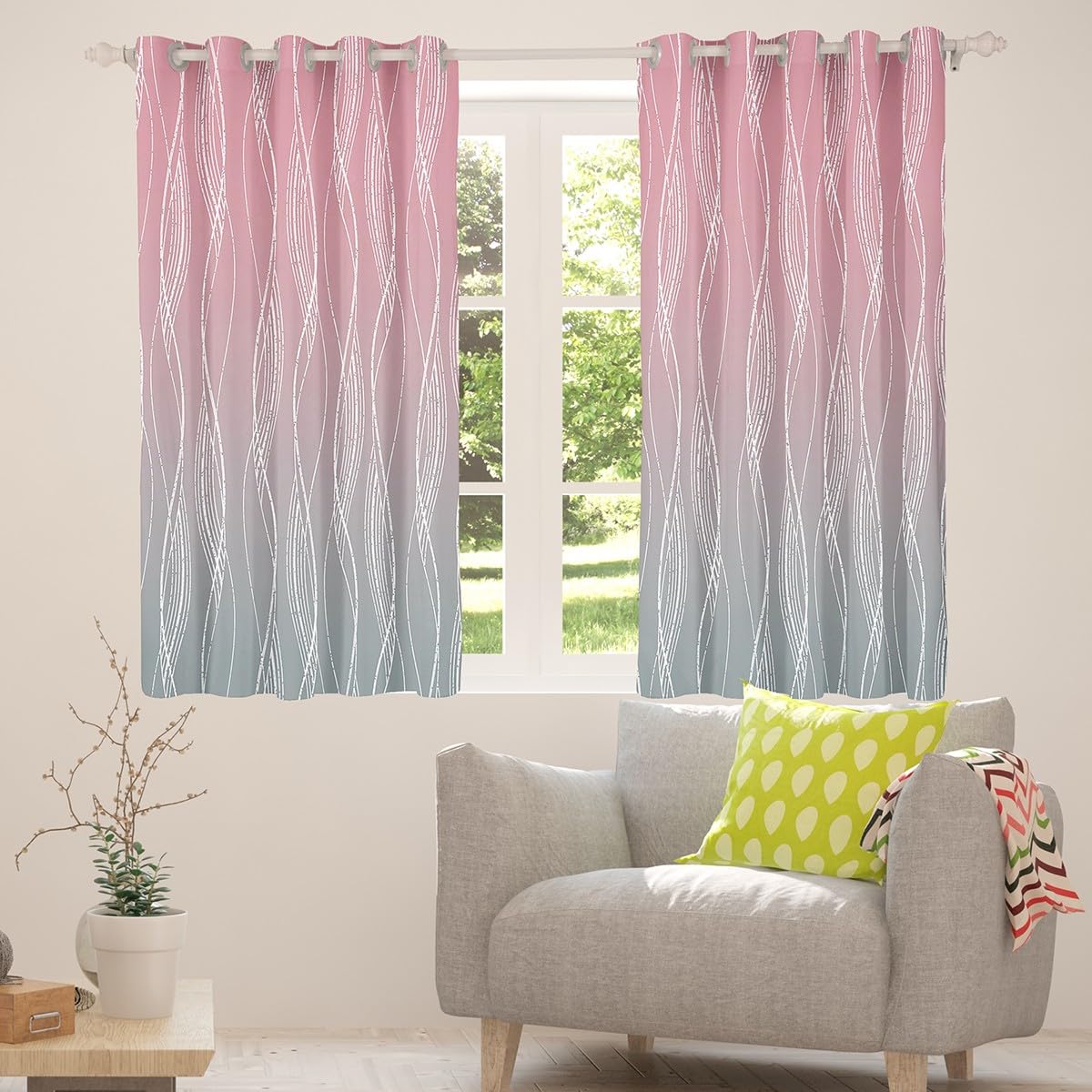 Homewish Pink Grey 46" Wx54 L Window Curtains For Girls Room Abstract Ombre Curtains & Drapes Light Pink Gray Gradient Blackout Curtains Geometric Silver Striped Window Treatments 2 Panels - Image 3