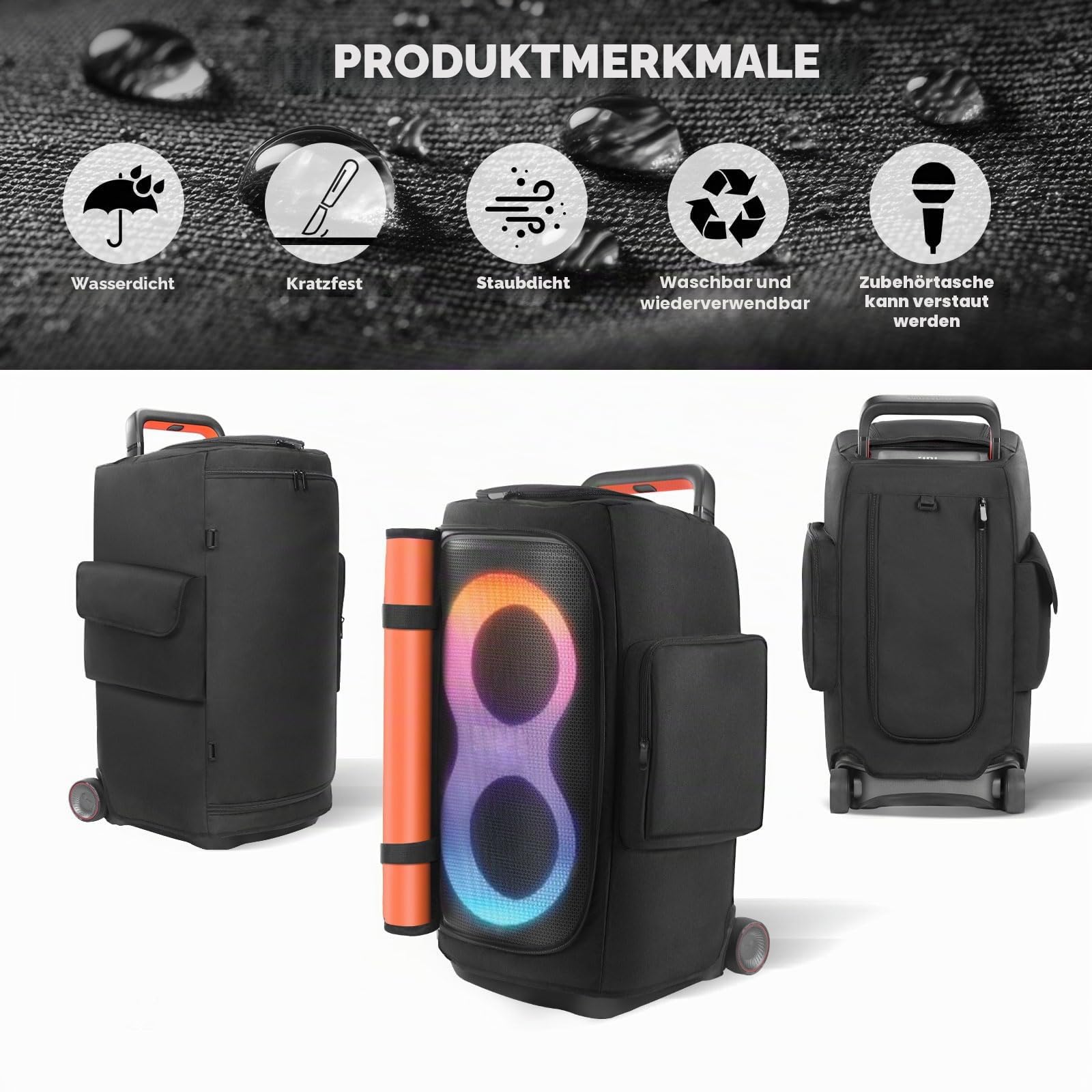 Lautsprecherhülle, kompatibel mit JBL PartyBox 520, tragbarer Lautsprecher, Outdoor-Reise, weiche Staubschutz-Aufbewahrungstasche mit Reißverschluss-Fenstertaschen für Ladegerät, Mikrofone