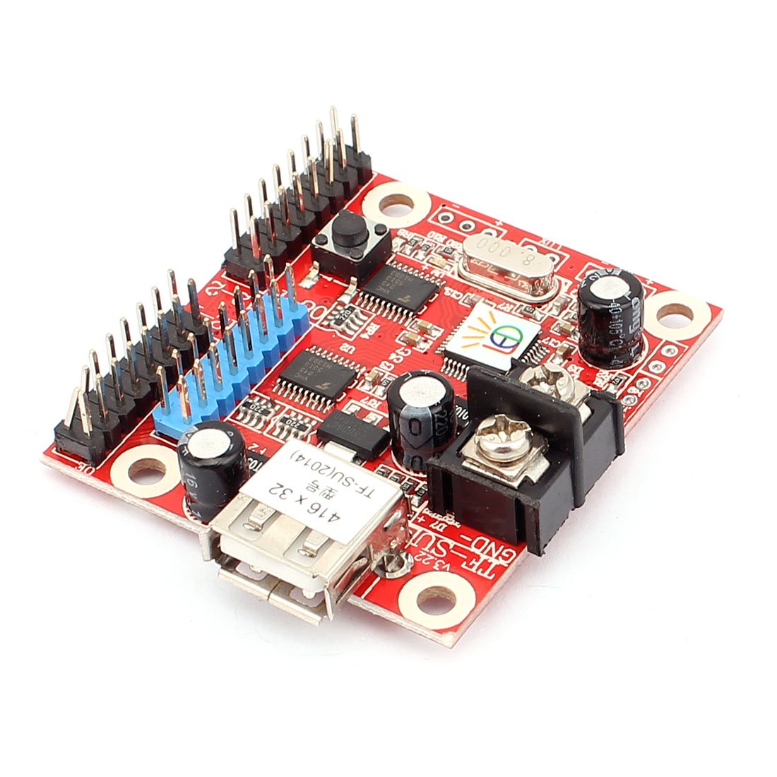 Top view of the Aexit TF-SU LED controller module, showing the USB port, pin headers, and various electronic components.