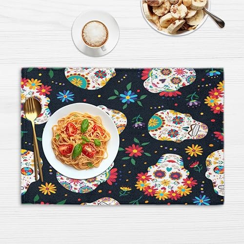 Miniatura 6 de Fun Sugar Skulls Decor Placemats Set of 4 Table Mats Washable Placemat Waterproof Place Mats for Party Home Dining Table Decor 18x12 in