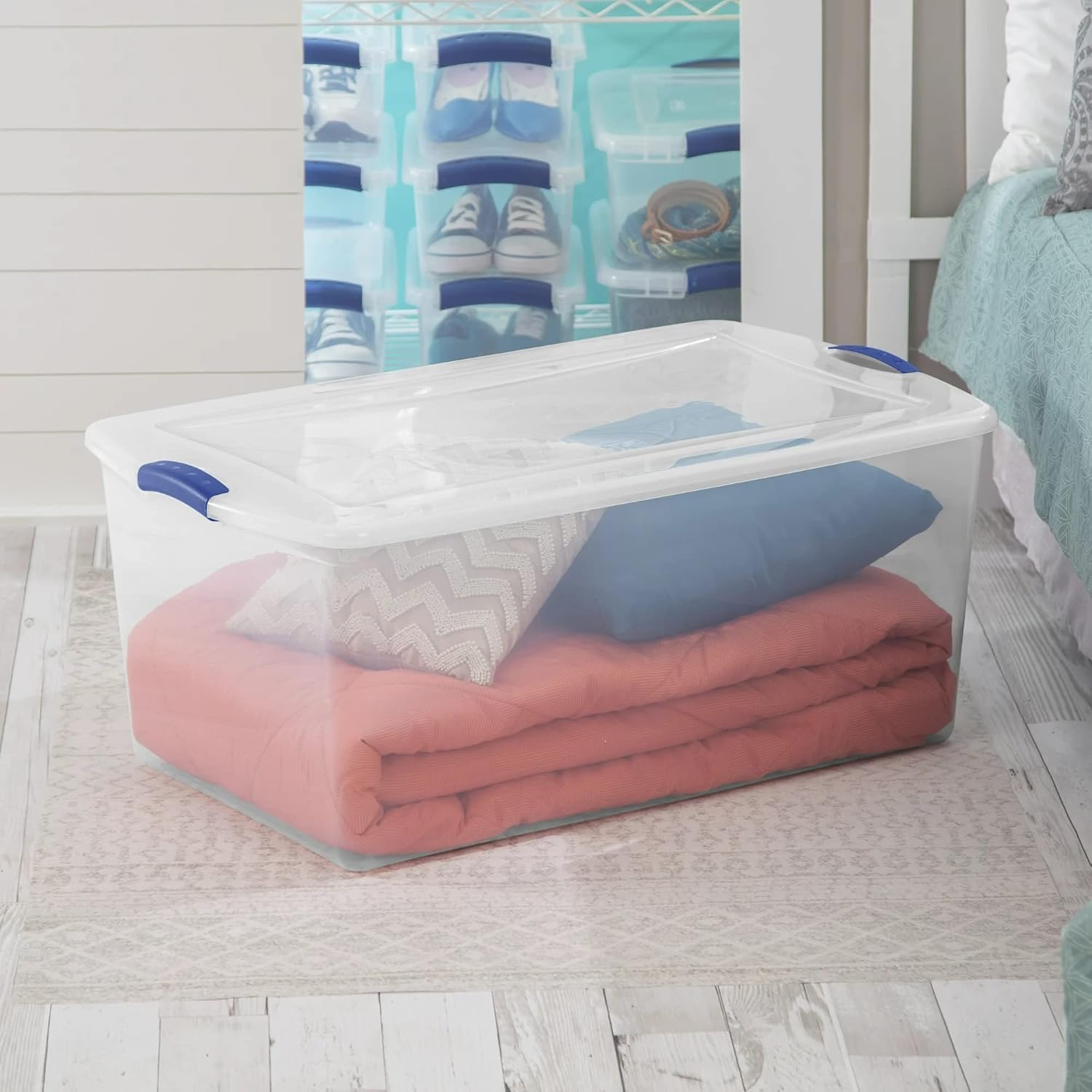 UlovelyM 105 Qt. Latch Box Plastic Storage Bin Tote Organizing Container With Durable Lid, Stackable and Nestable Snap Lid Plastic Storage Bin, 1 Pack, Clear With Blue Buckle