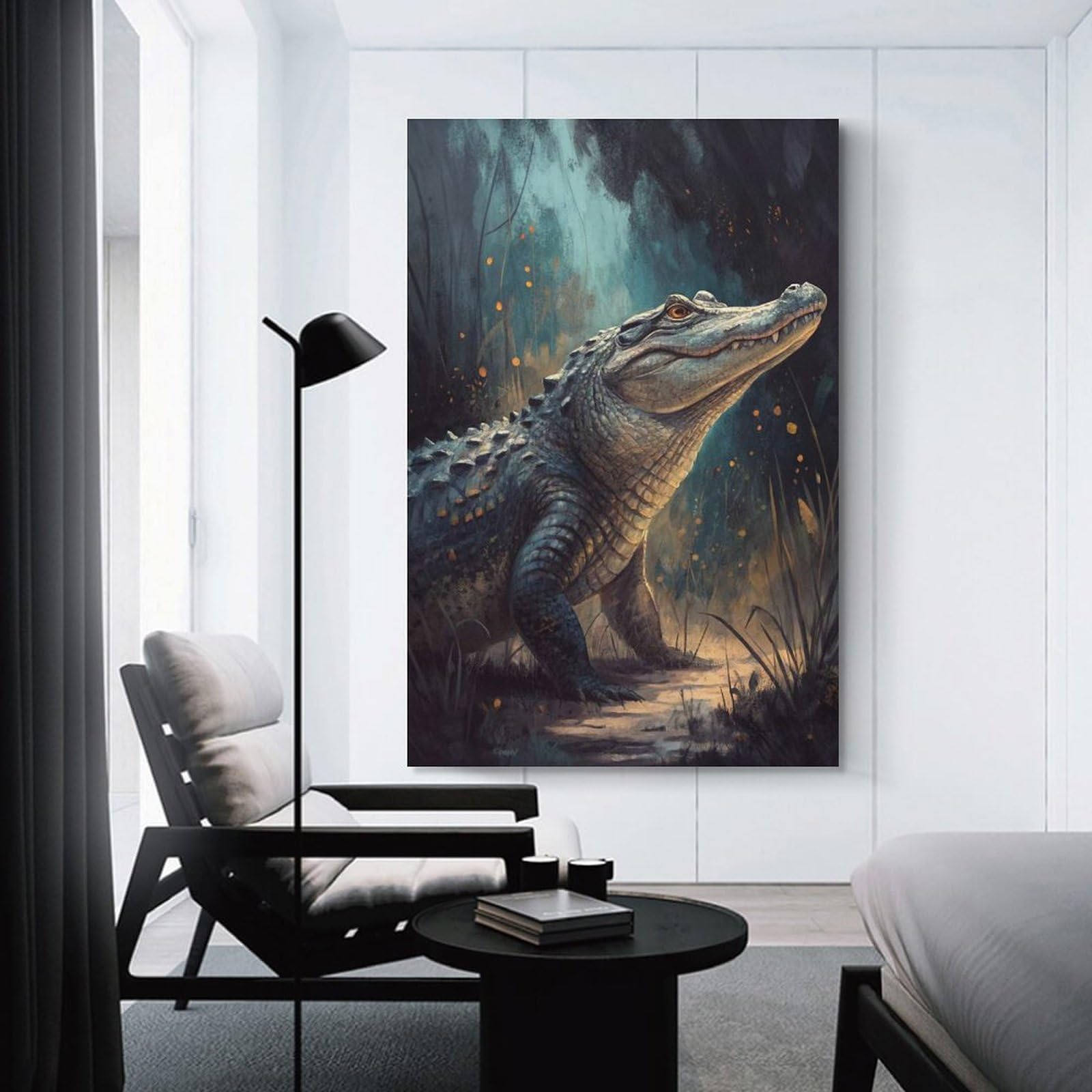 Junmoney Hanging Wall Art Alligator in A Swamp, 24x36inch(60x90cm), for Small Homes, Bedrooms Or Open Spaces, Wall Decor with Flexible Room Appeal
