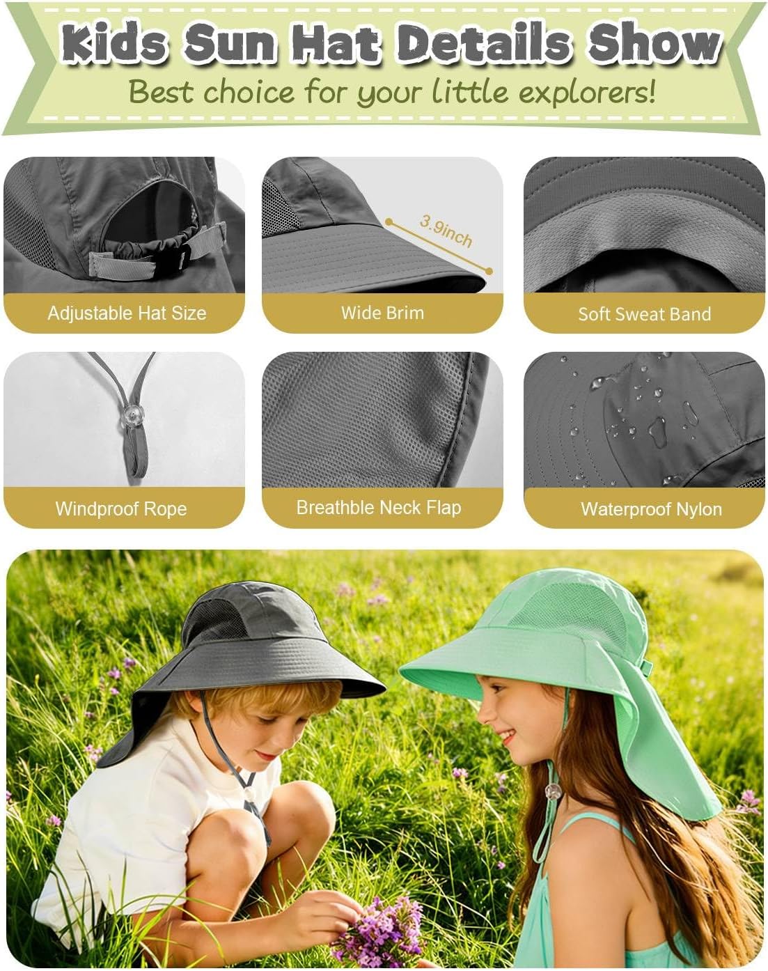 Rosoz Kids Sun Hat with Neck Flap UV Protection Summer Toddler Beach Hat Unisex Ponytail Hat Wide Brim Fishing Hat - Image 4