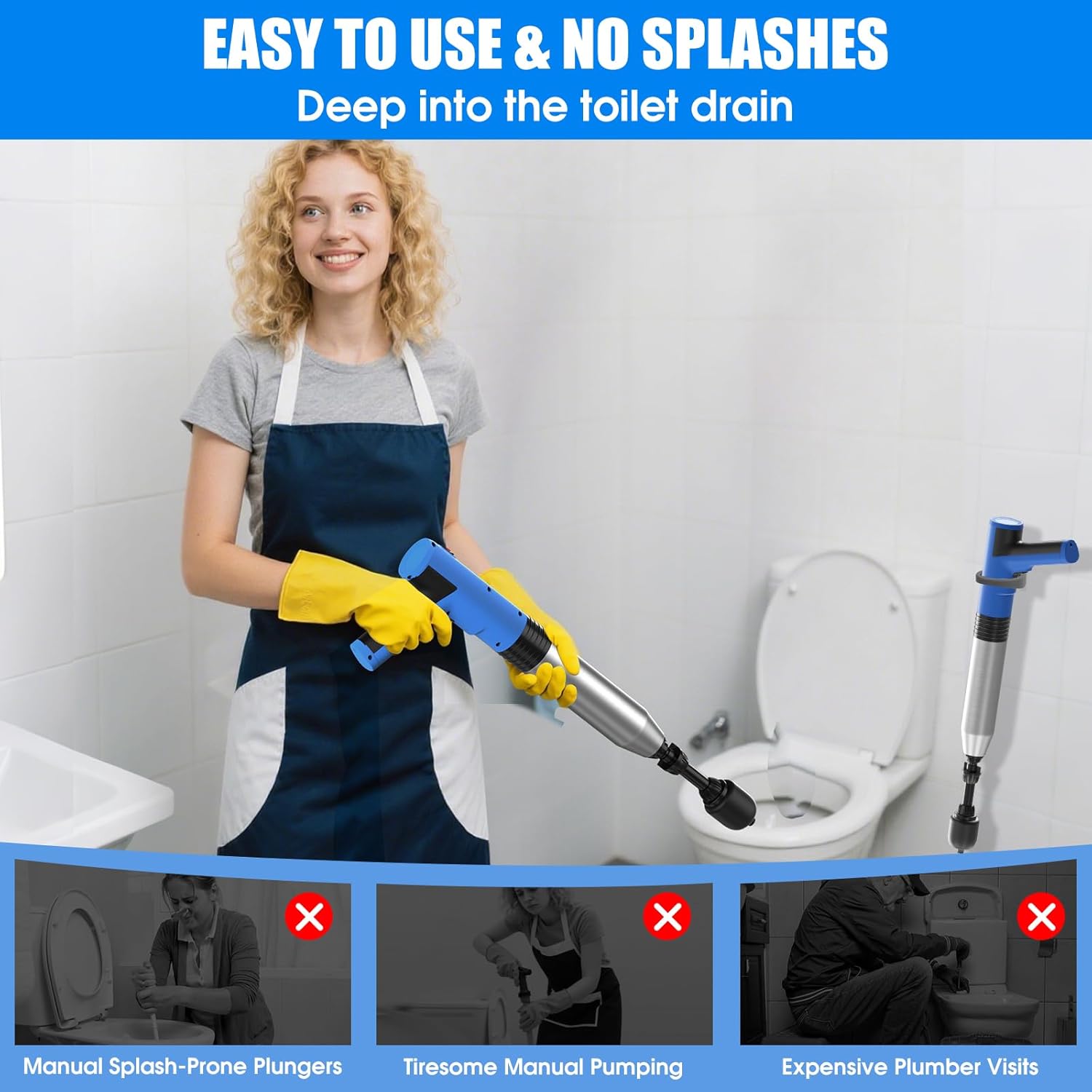 Electric Toilet Plunger, All in One High Pressure Drain Unclogger Plungers for Bathroom, Bathtubs, Floors, Heavy Duty Versatile Home Toilet Clog Remover - Blue