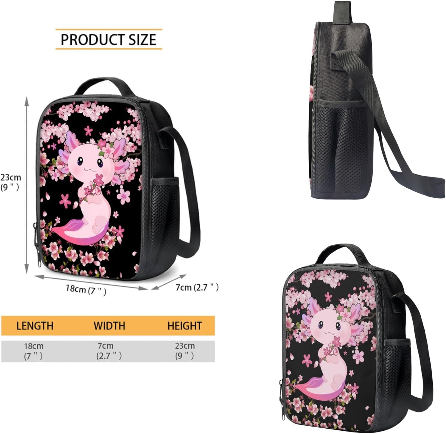 Coloranimal Cherry Blossom Axolotl 3Pcs Backpack Set 17 Inch Large Capacity School Bag Book Bag Mini Lunch Tote Pouch Pen Pouch Rucksack for Elementary School Students