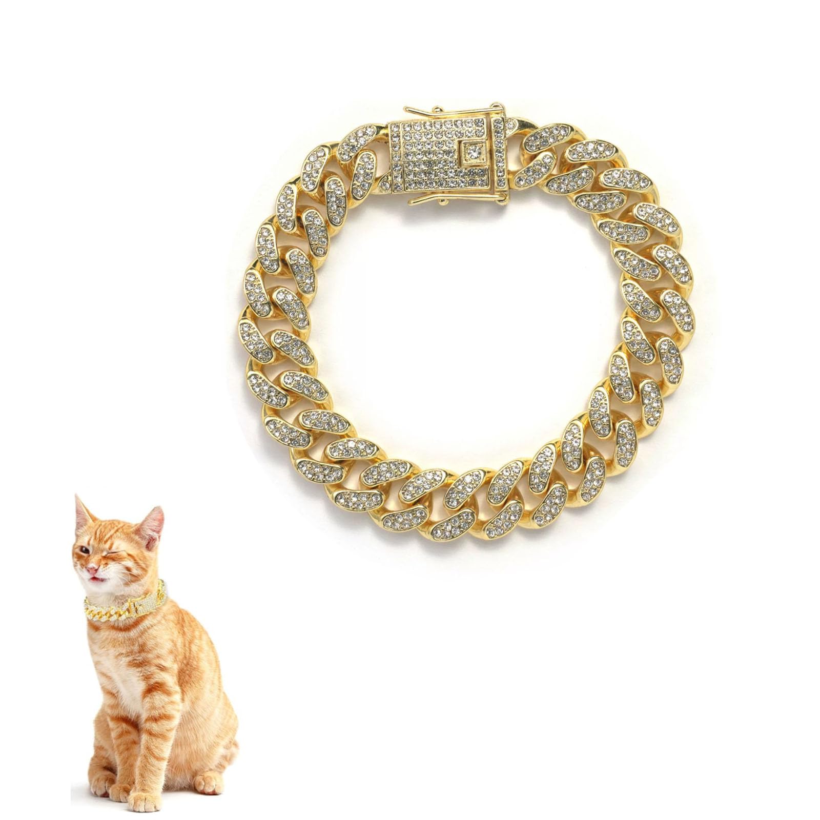 DKJEkdje Diamond Cuban Cat Chain Collar Exquisite Metal Cat Necklace with Rhinestones, Dog Chain Collar for Pet Jewelry Accessories (gold, 10inch)