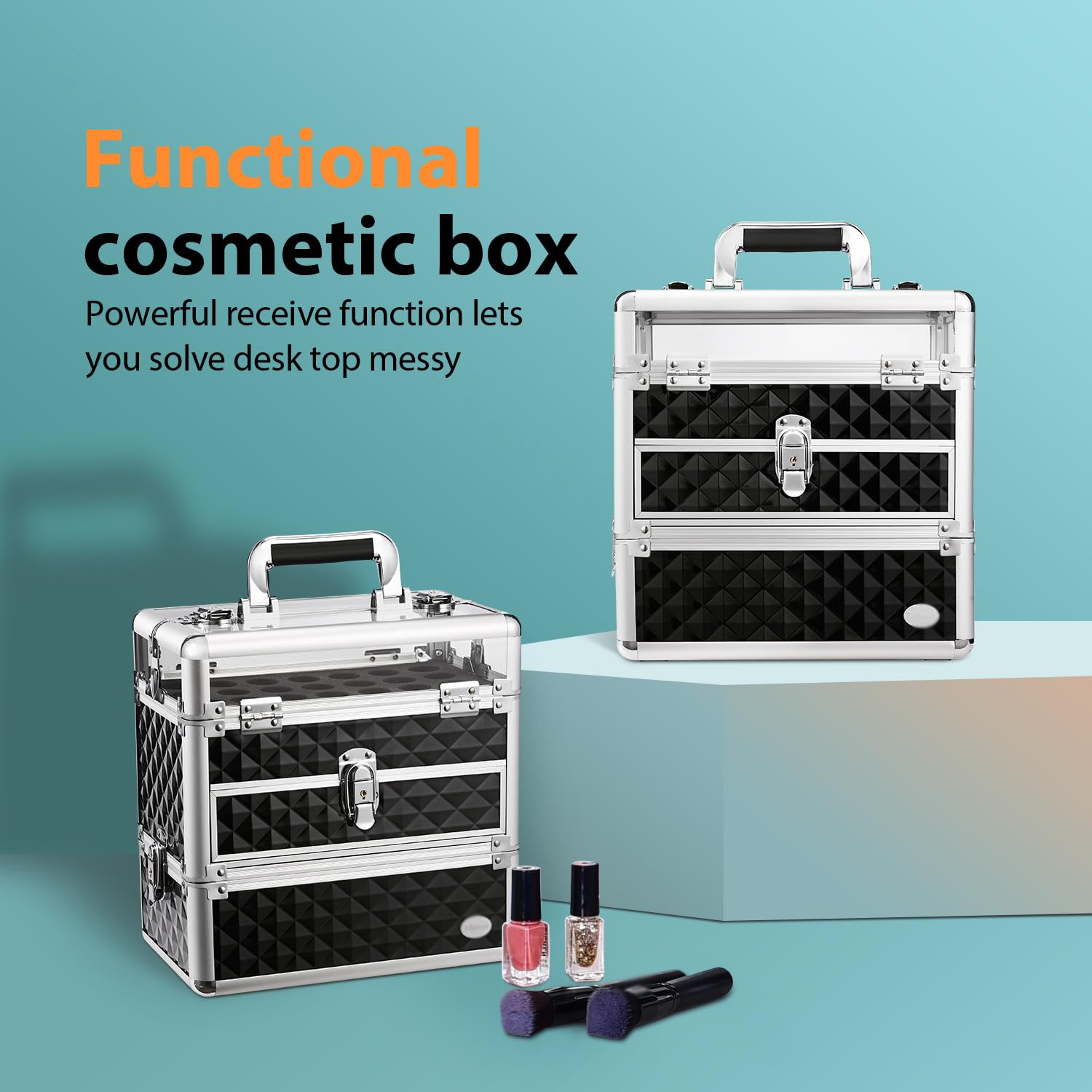 Kosmetikkoffer Schwarz mit Spiegel und Schublade Beauty Case Groß Friseurkoffer Nagelkoffer, 3-in-1 Extragroße Kapazität