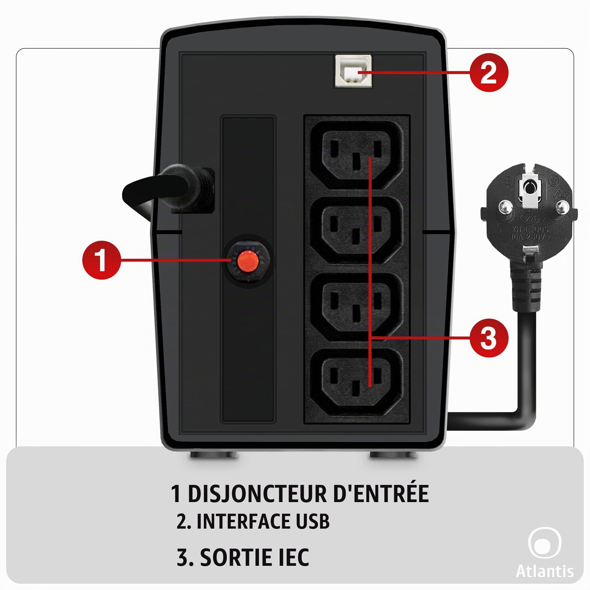Atlantis onduleur UPS Line Interactive 1000VA/500W Batt. 12V 9Ah | Onde pseudo-sinusoïdale, régulation AVR à 3 niveaux, 4 IEC, batteries 12V 9Ah, connexion USB, logiciel gratuit, cod A03-S120