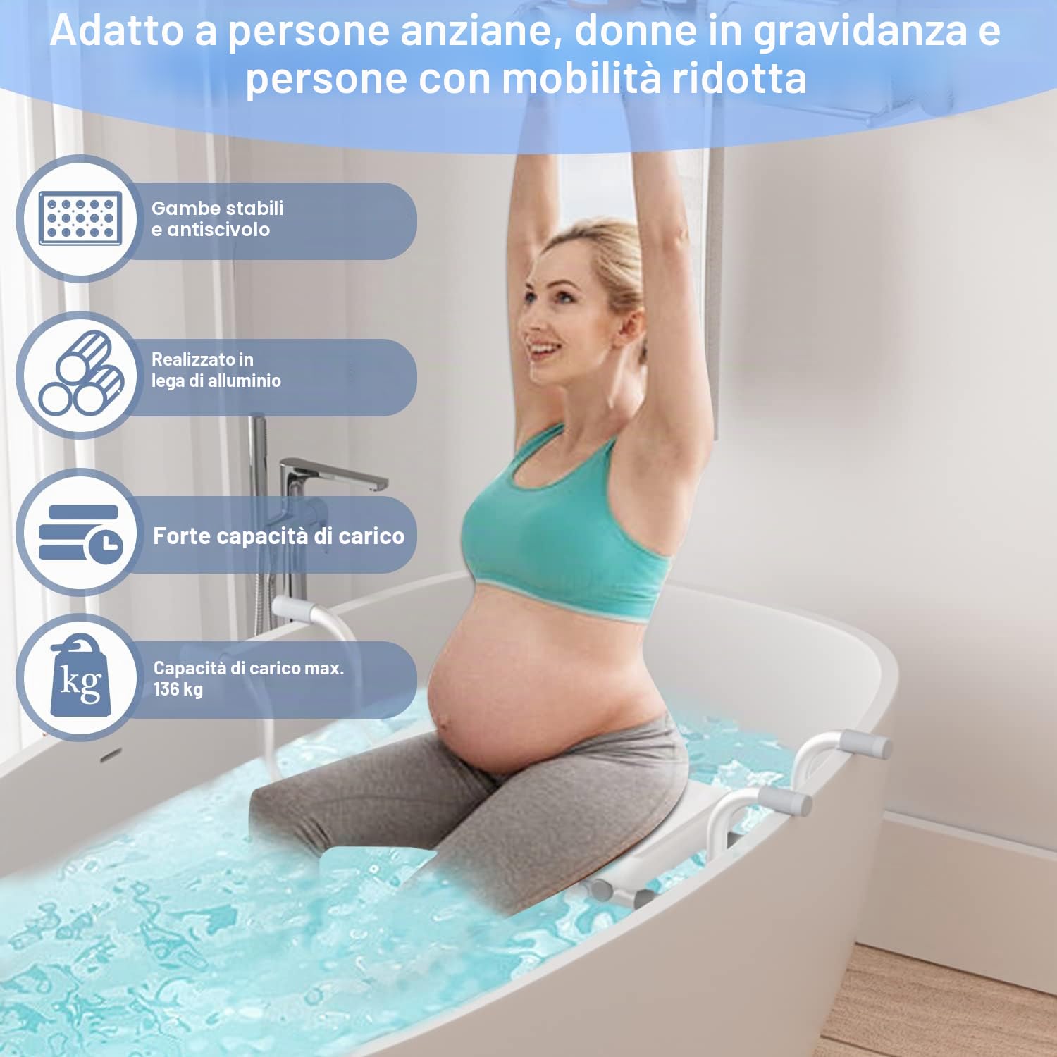 Sedile per vasca da bagno regolabile per tutte le misure, antiscivolo e capacità di carico fino a 136 kg