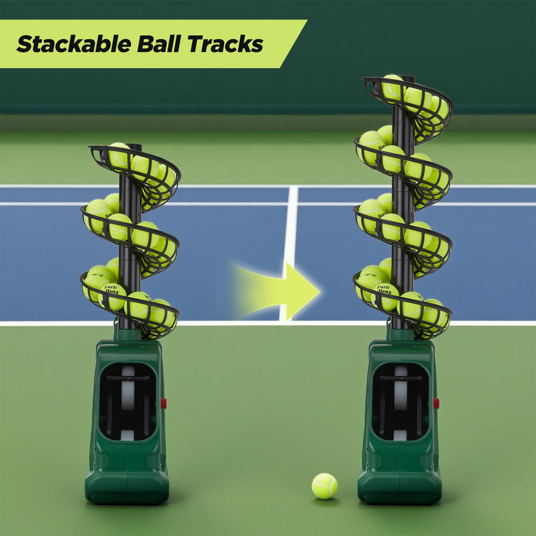 Furlihong 3819BH Macchina per pallina da tennis, max 30 MPH, angolo di lancio regolabile e intervallo, regolazione continua della velocità, funzionamento a batteria o adattatore AC da 12 V, per
