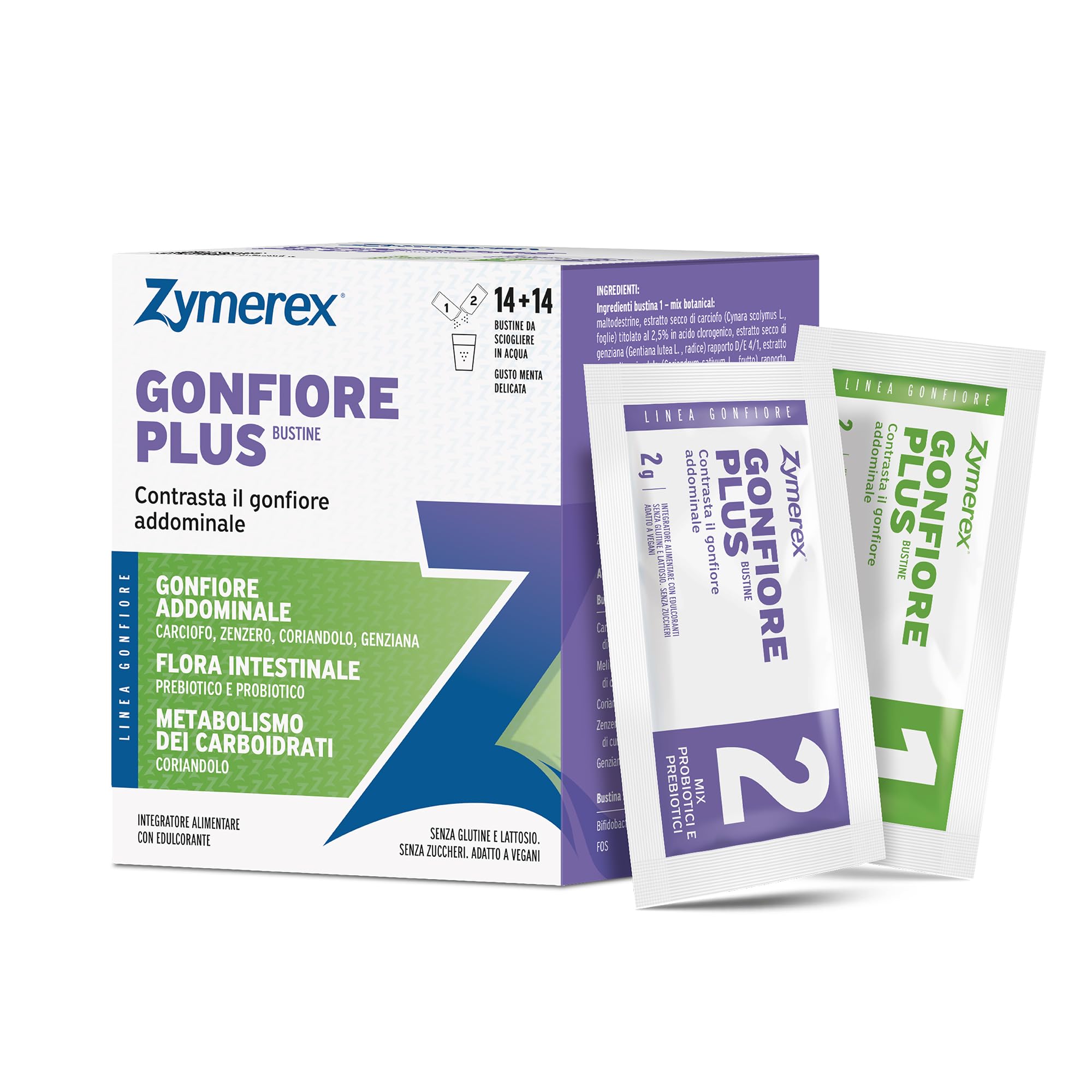 Zymerex GONFIORE PLUS | 14+​14 bustine | Gonfiore addominale | Probiotici e prebiotici | Equilibrio flora intestinale | Metabolismo carboidrati | Senza glutine, lattosio e zuccheri | Adatto vegetariani