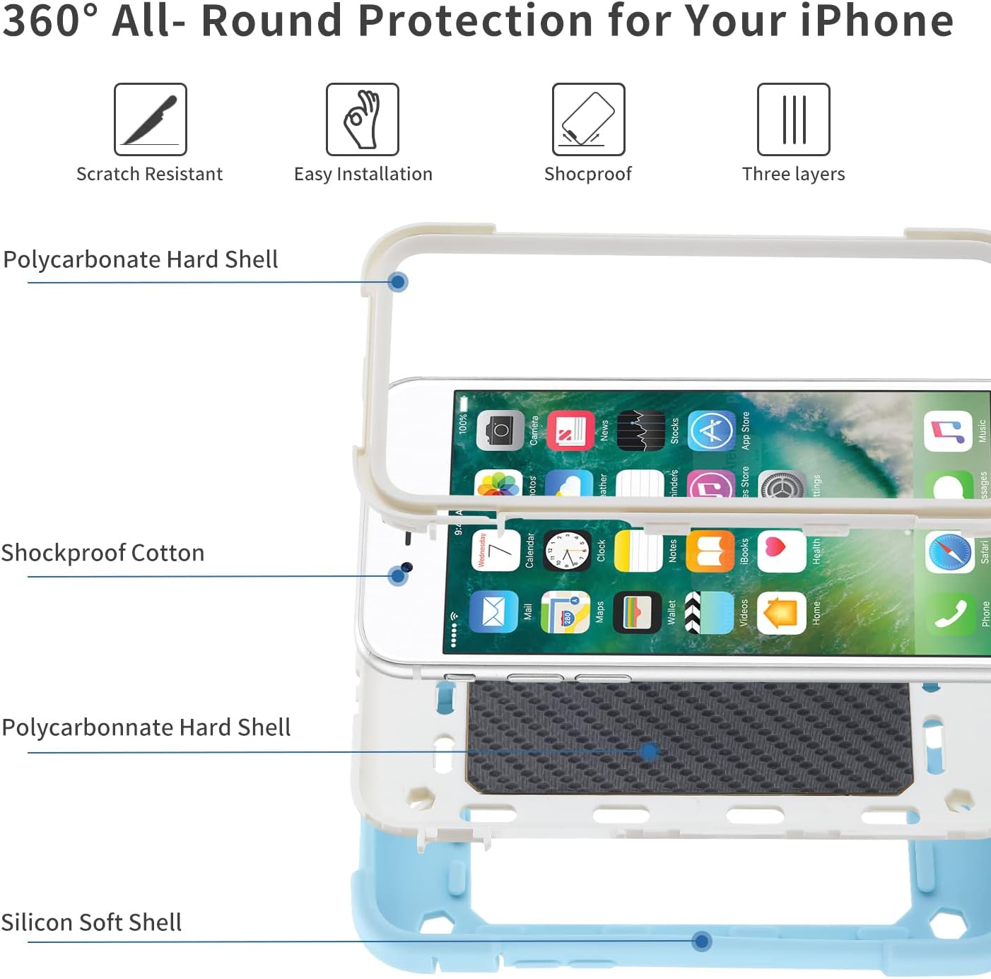 MARKILL Compatible with iPhone Se3/iPhone Se2, iPhone 6/6S Case,iPhone7/iPhone8 Case 4.7 Inch with Ring Stand, Heavy-Duty Military Grade Shockproof Phone Cover (Ice Blue)