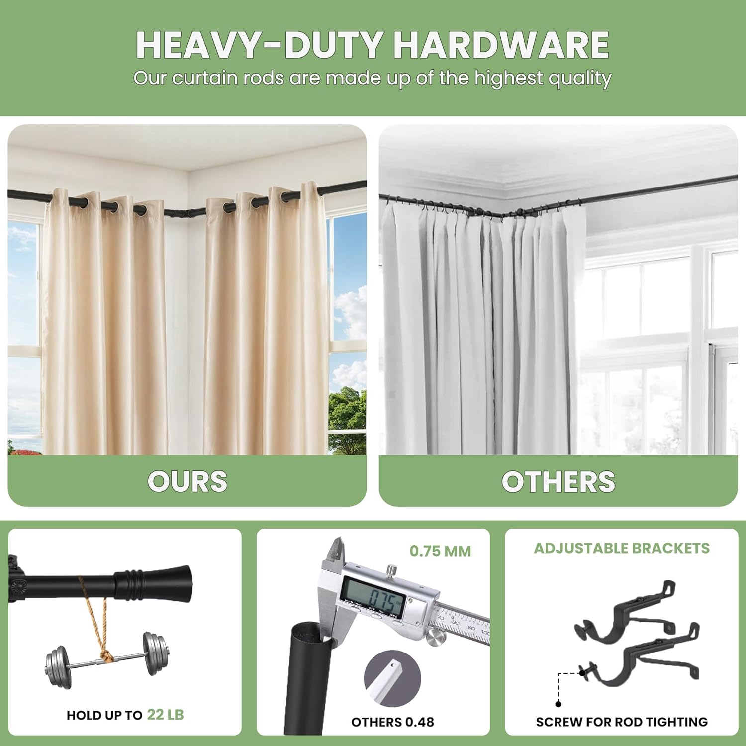 Adjustable Black Corner Curtain Rod 36-72 Inch for Windows – Decorative Curtain Rods with 360° Rotating Connector Fit All Curtain Types/Rooms