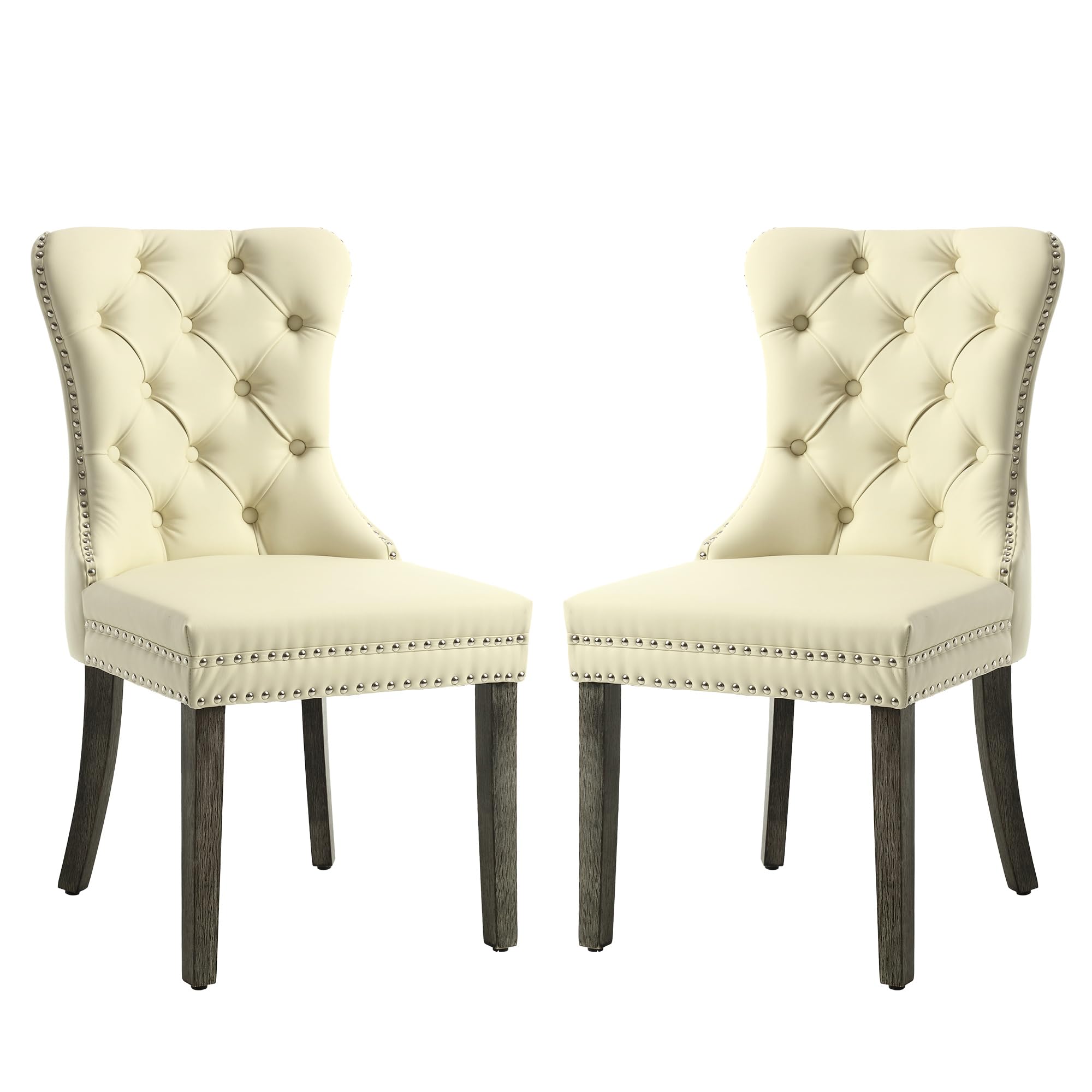 KCC Faux Leather Dining Chairs Set of 2, Upholstered High-end Tufted Dining Room Chair with Nailhead Back Ring Pull Trim Solid Wood Legs, Contemporary