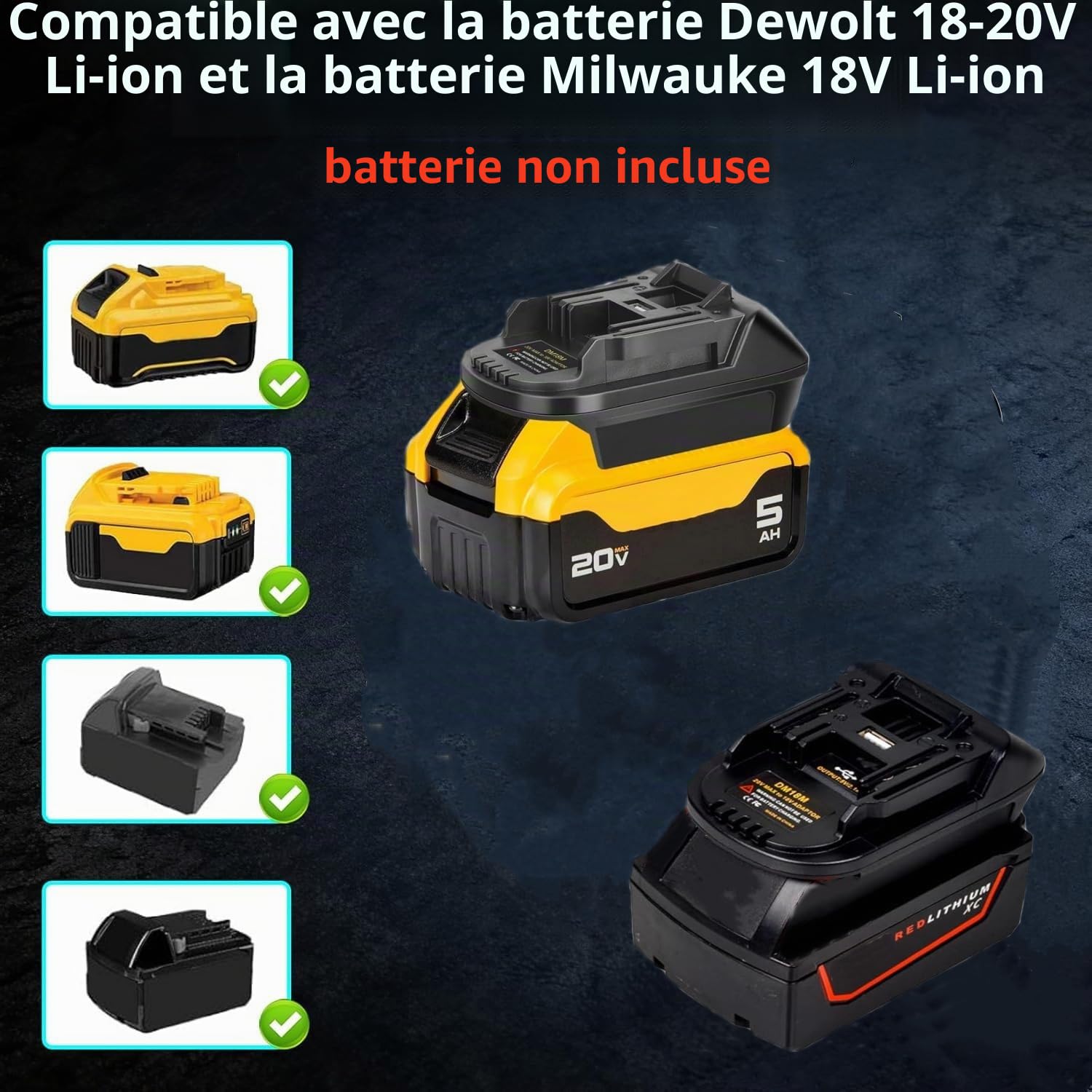 DM18M Adaptateur de batterie pour outils électriques Makita 18 V 20 V, adaptateur convertisseur pour Dewalt et Milwaukee M18 pour batterie Makita 18 V