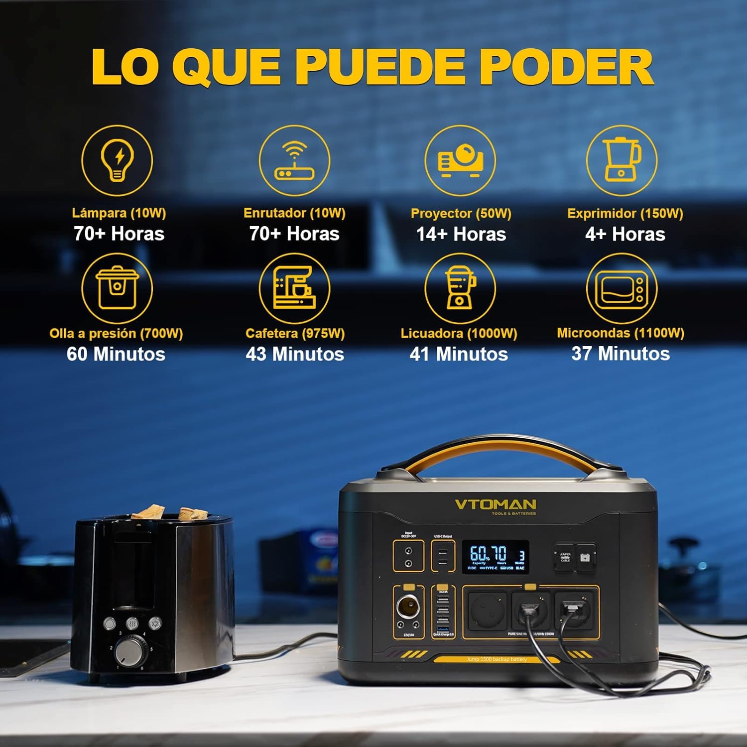 VTOMAN Jump 1500X Estación de Energía Portátil 1500W, 828Wh, USB QC 3.0 | Batería LiFePO4, Generador Solar, Salida dual PD 100W Typ-C, Capacidad Ampliable a 2376Wh para Viajes, Acampar
